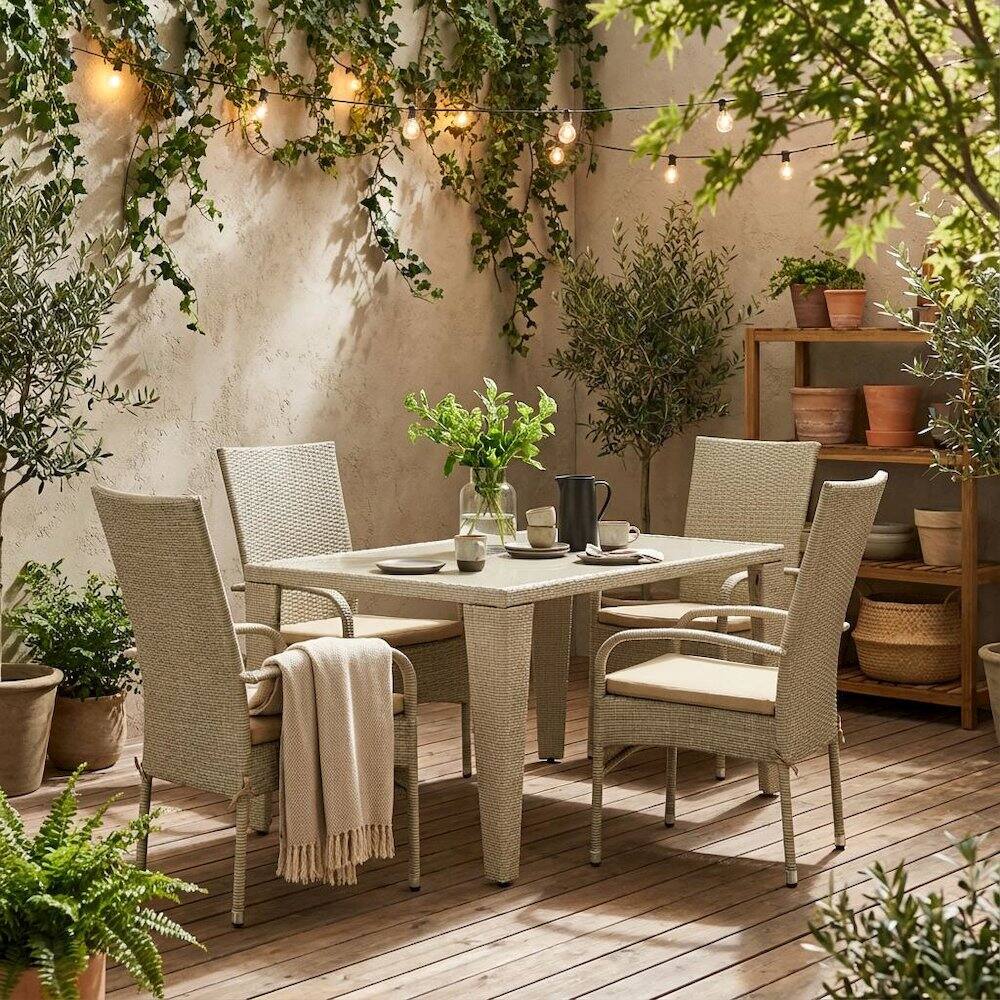 Alt View 3. Outdoor Escape - Neutral Linen Wicker Patio Set with Dining Table and 4 Outdoor Chairs - Brown.