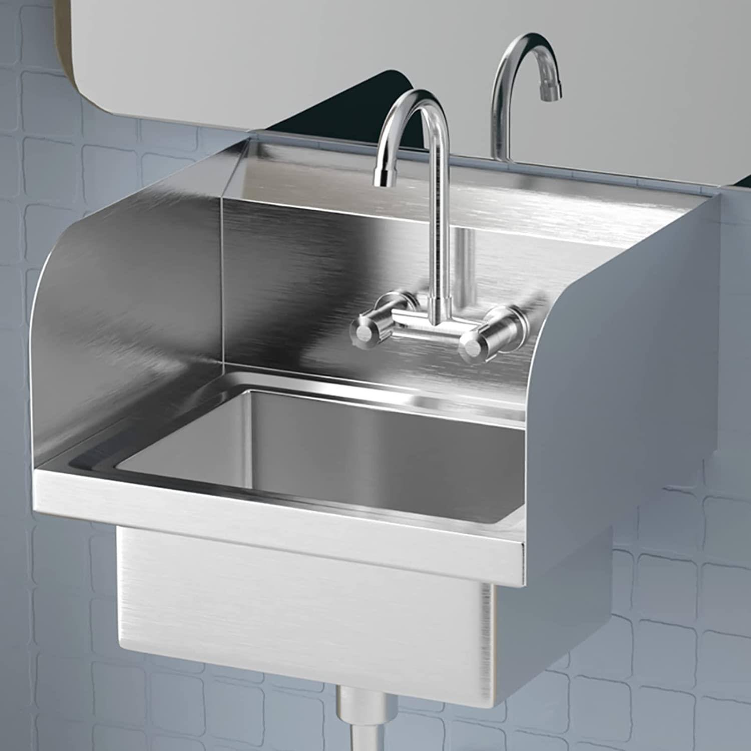 Angle. Winado - Commercial Wall Mount Hand Wash Sink Stainless Steel Bar Prep Sink with Faucet, Splash Guards, Rounded Edges for Kitchen - Silver.