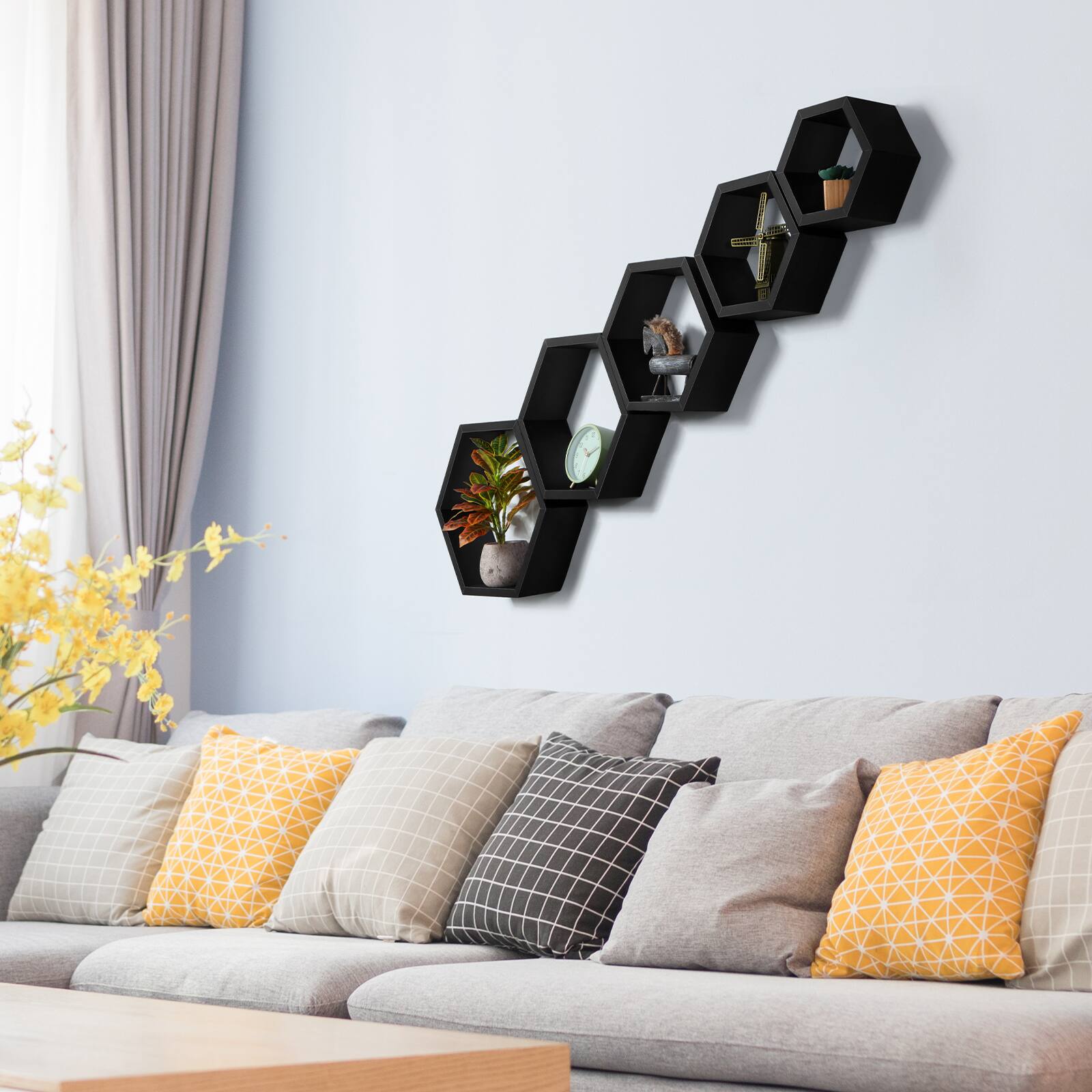 Alt View 2. Oumilen - Set of 5 Black Hexagonal Floating Wall Shelves - Black.