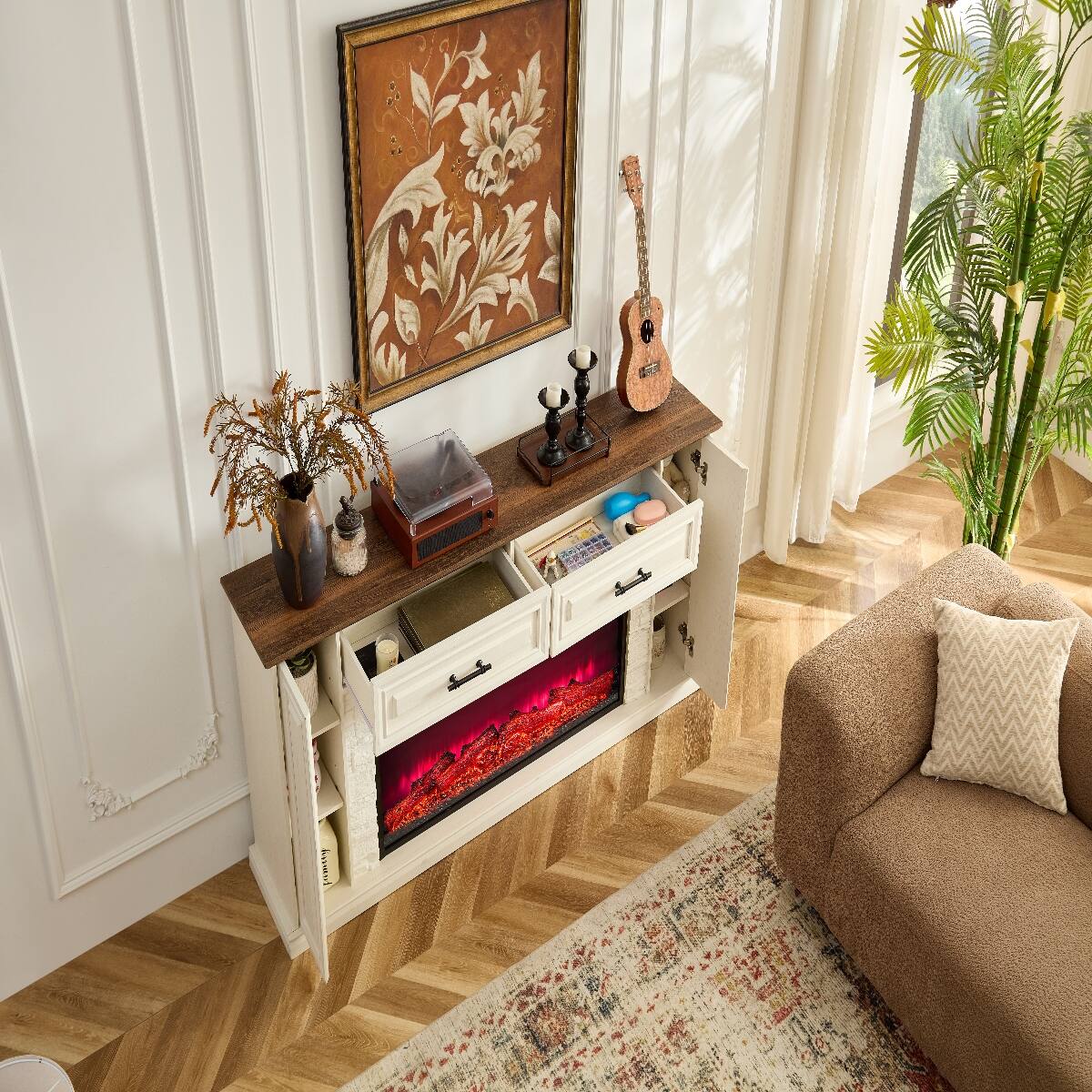 Alt View 7. Loheer - Loheer 70 Inch Fireplace TV Stand for 80 Inch TV, White Farmhouse Entertainment Center with 42 Inch Electric Heater - White.