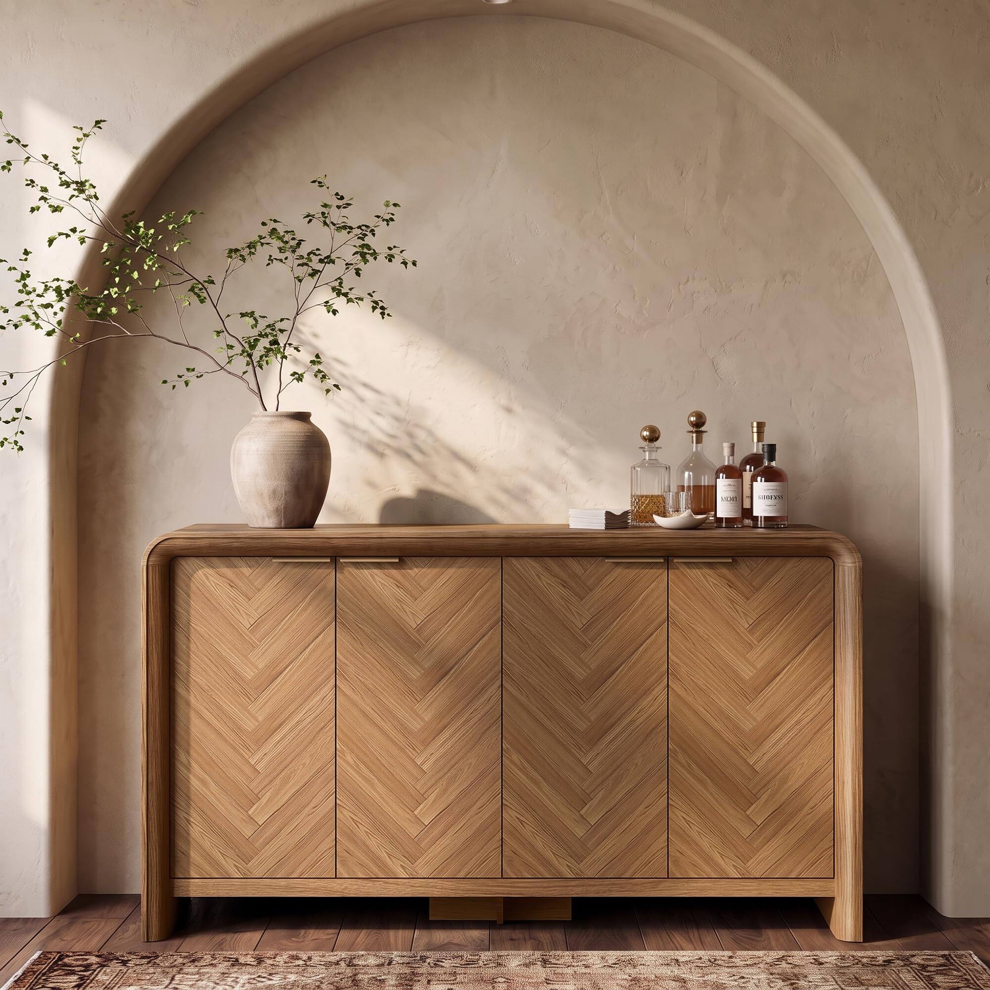 Alt View 2. paproos - 55" Buffet Cabinet with Storage, Modern Credenza with Adjustable Shelf, Herringbone Sideboard for Dining Room - Walnut.