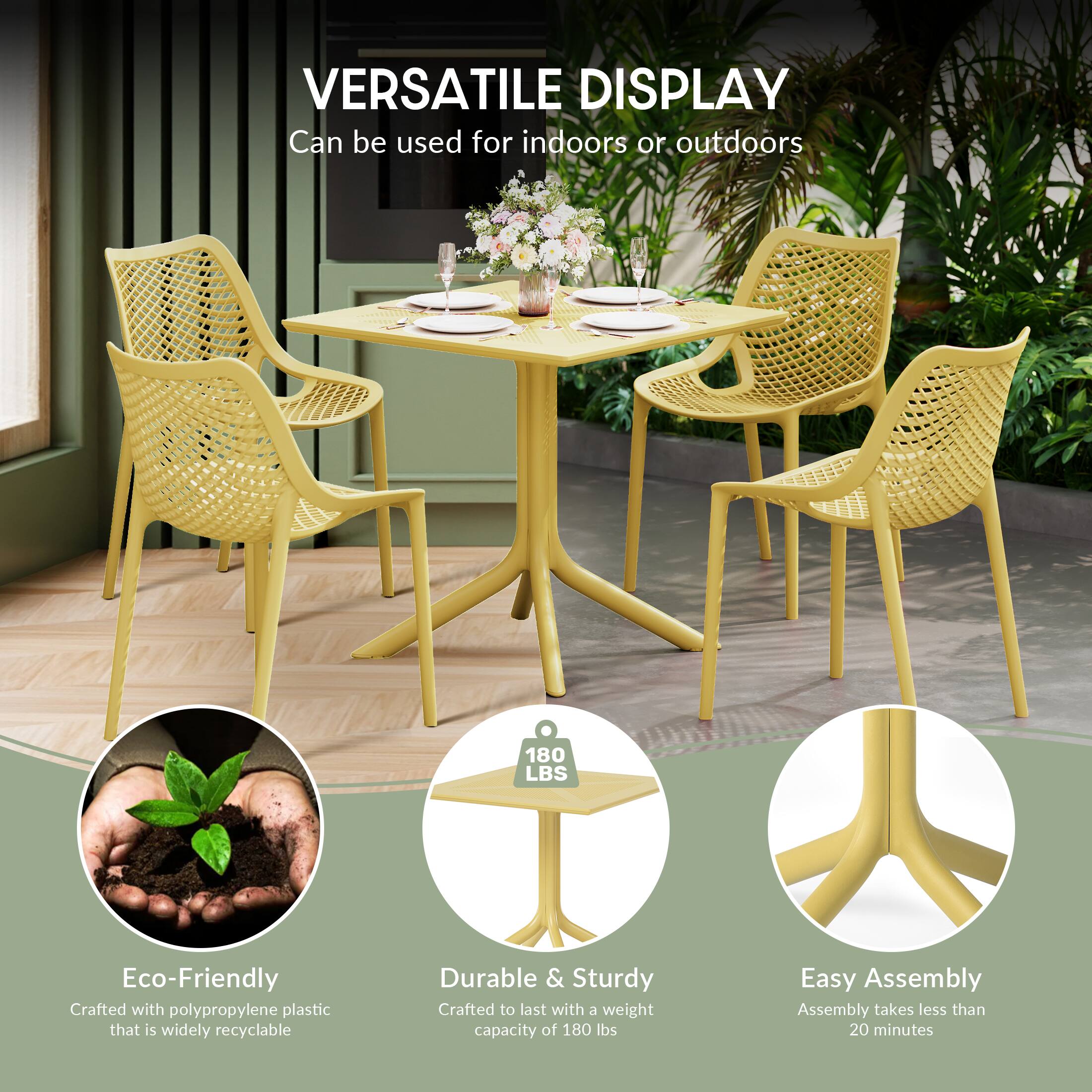 VERSATILE DISPLAY  
Can be used for indoors or outdoors  

180 LBS  
Eco-Friendly  
Crafted with polypropylene plastic that is widely recyclable  

Durable & Sturdy  
Crafted to last with a weight capacity of 180 lbs  

Easy Assembly  
Assembly takes less than 20 minutes
