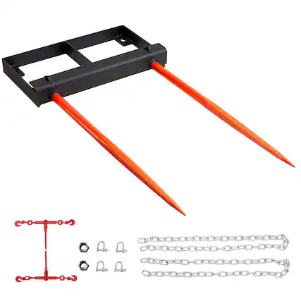 Front. VEVOR - 49" Hay Spear, Bale Spears 3000lbs Loading Capacity, Skid Steer Loader Tractor Bucket Attachment - Black.