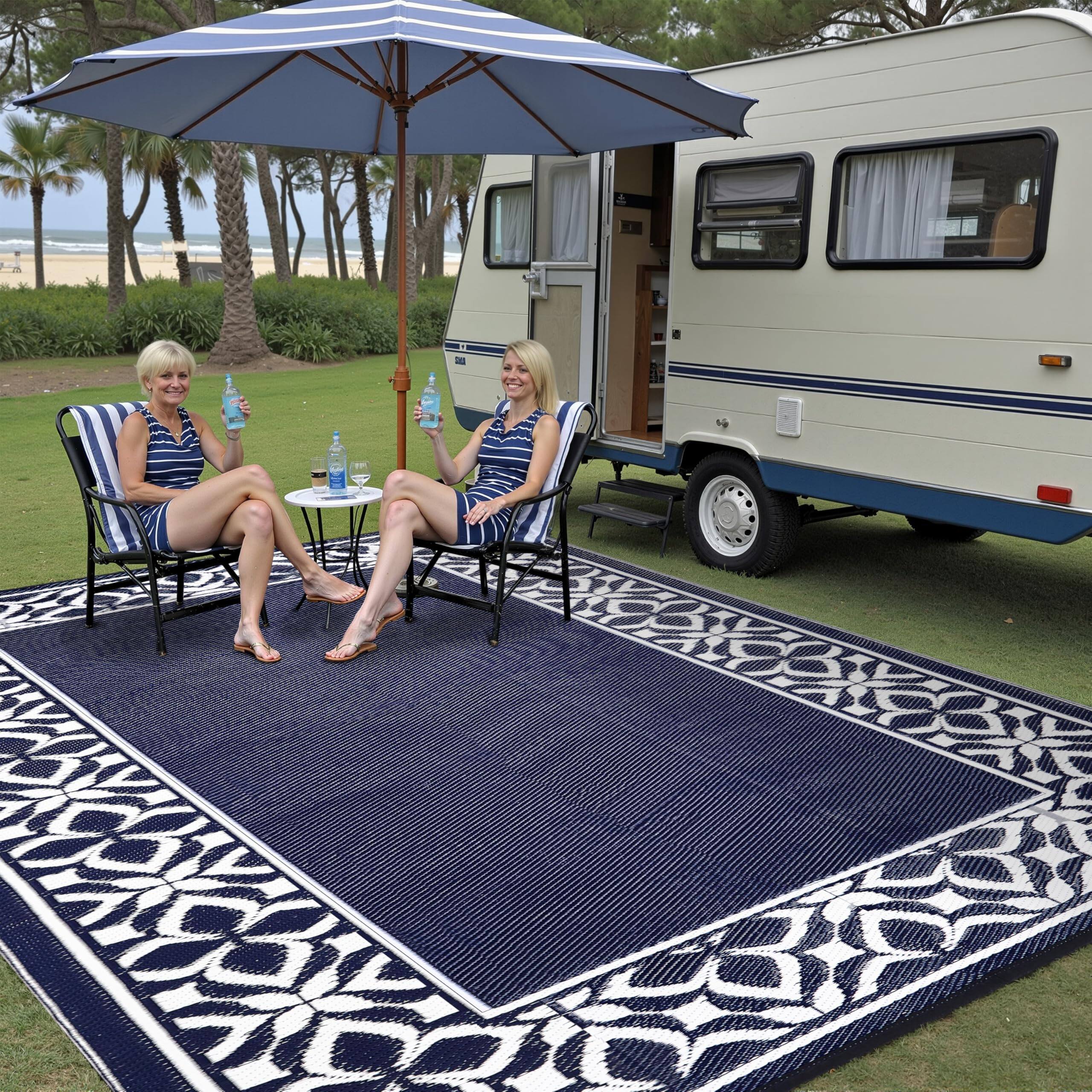 Alt View 6. Reds Spade - Outdoor Plastic Straw Rug Navy Large Outside Waterproof Patio Carpet Geometric Reversible Mat Modern For Ca... - Geo | Navy Blue-5' x 8' (Rectangular).