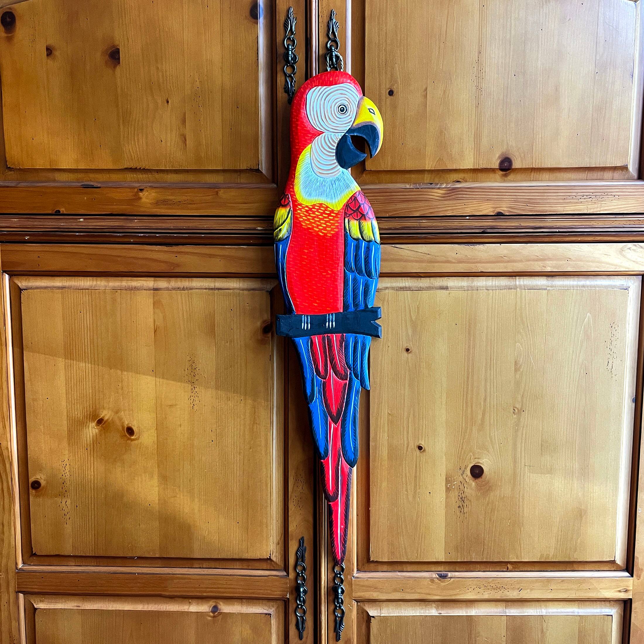Alt View 5. Chesapeake Bay - Wood Parrot Wall Decor 38" Hand-Carved Macaw Sculpture Tropical Bird Art - Red.