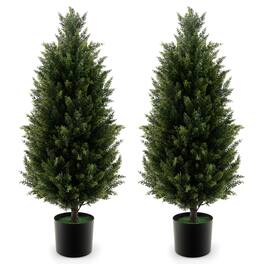 Costway - 2 Pack 37.5" Artificial Topiary Cedar Tree with Cement Plastic Pot & Realistic Moss - Green