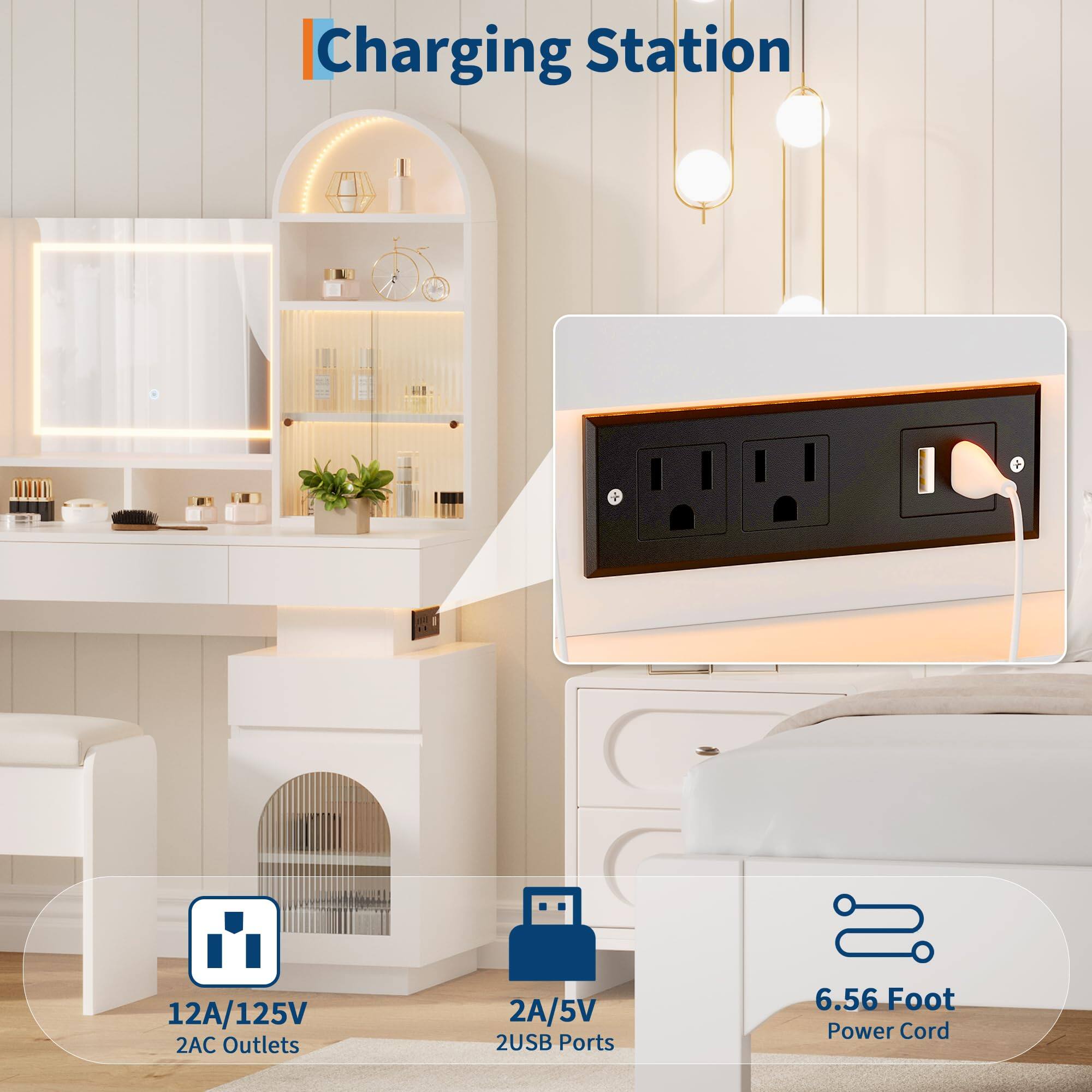 Charging Station

12A/125V 2AC Outlets

2A/5V 2USB Ports

6.56 Foot Power Cord