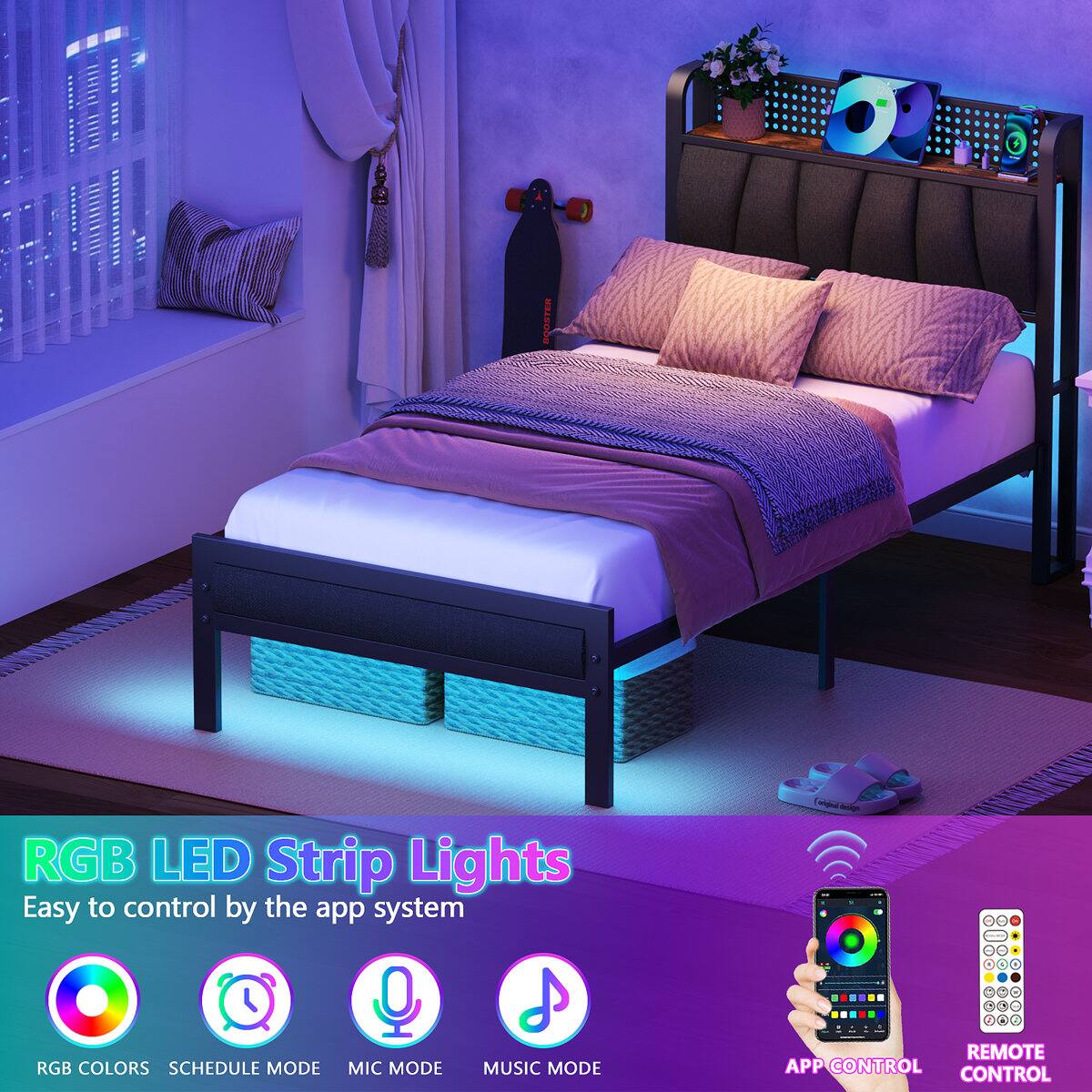 RGB LED Strip Lights  
Easy to control by the app system  

RGB COLORS  
SCHEDULE MODE  
MIC MODE  
MUSIC MODE  
APP CONTROL  
REMOTE CONTROL