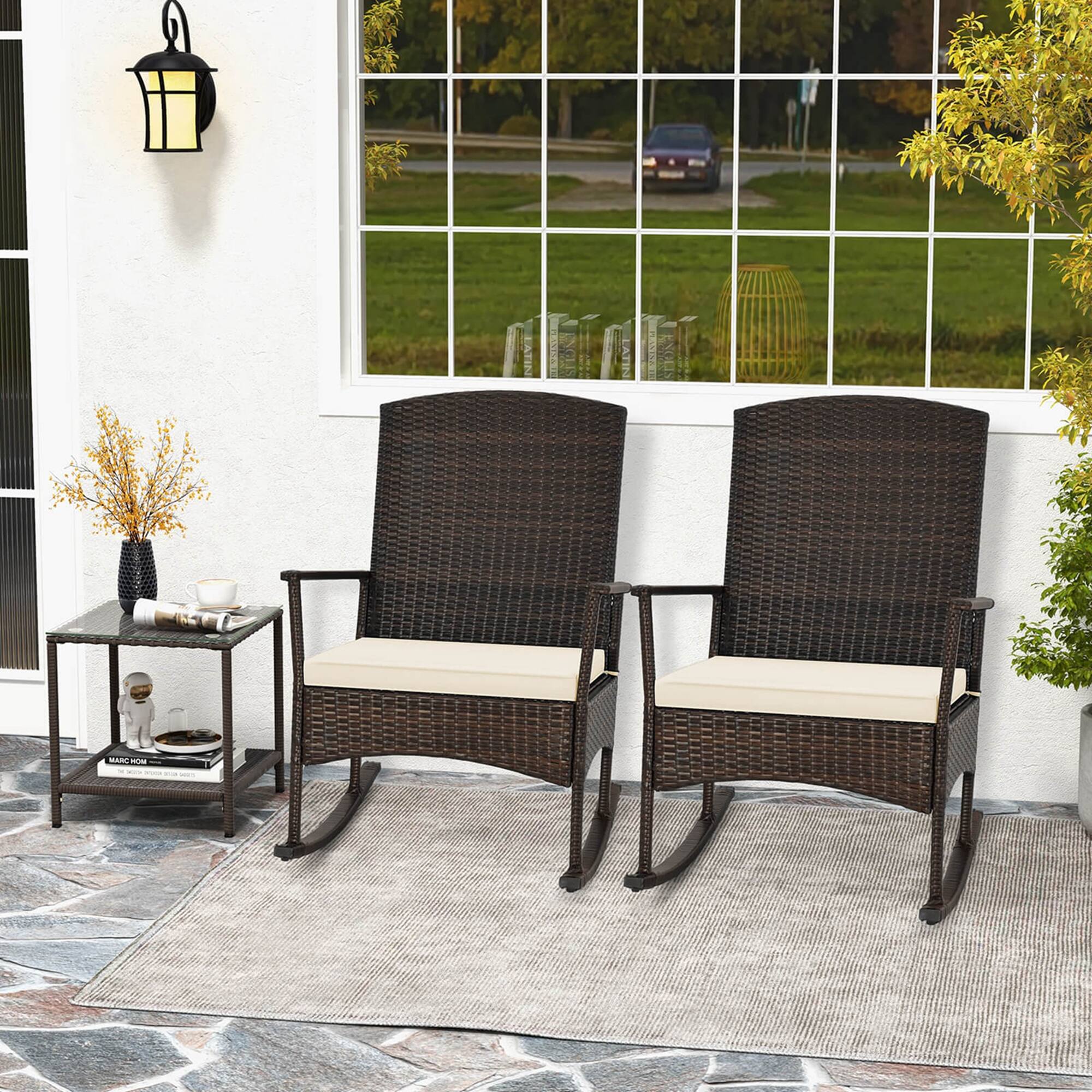 Alt View 4. Costway - Costway 3 Piece Patio Rocking Set Wicker Rocking Chairs with 2-Tier Coffee Table Off White - Off White.