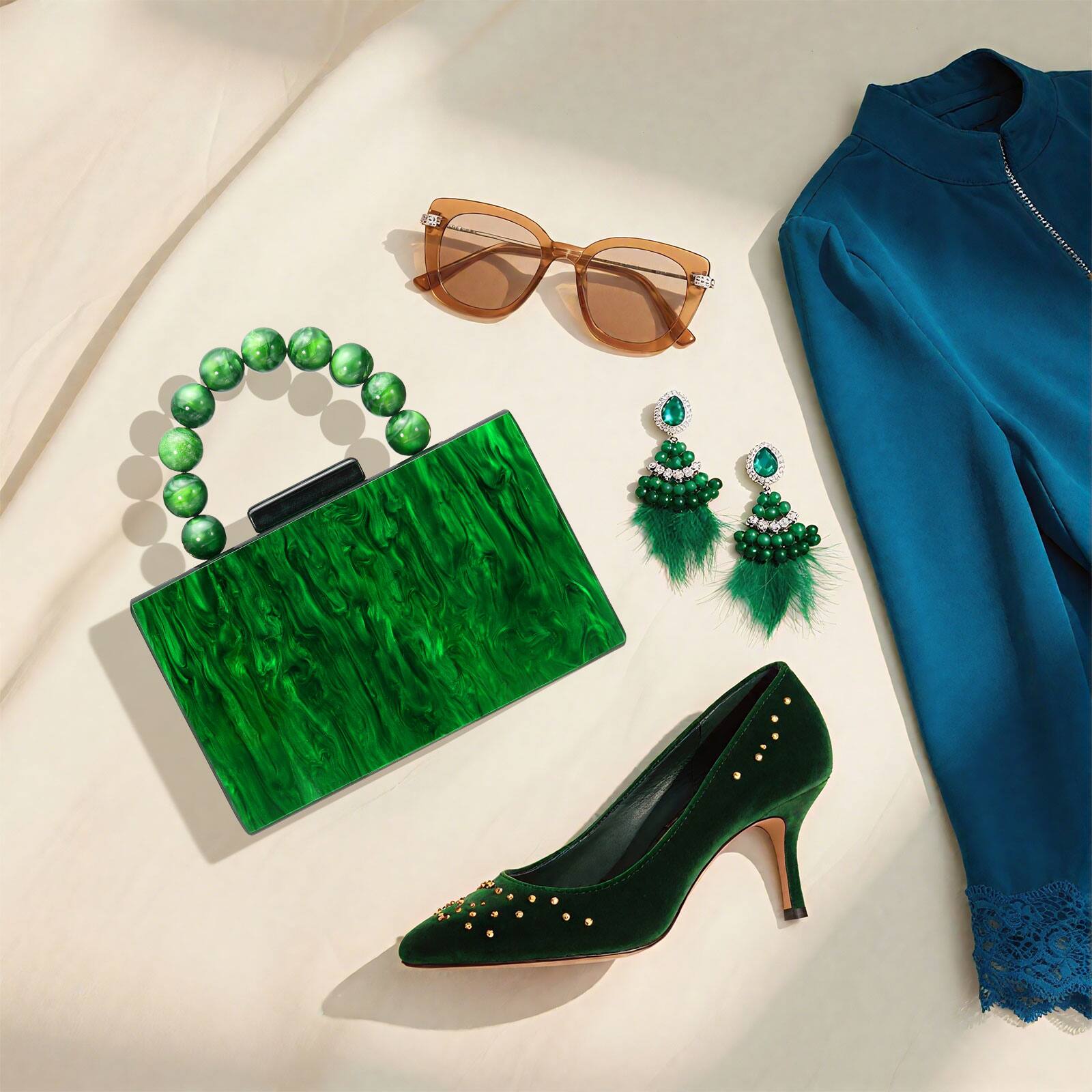Alt View 5. Unique Bargains - Evening Clutch Bag, Acrylic Purse Marbling Handbag for Women Crossbody with Pearl Chain for Formal Wedding - Green.