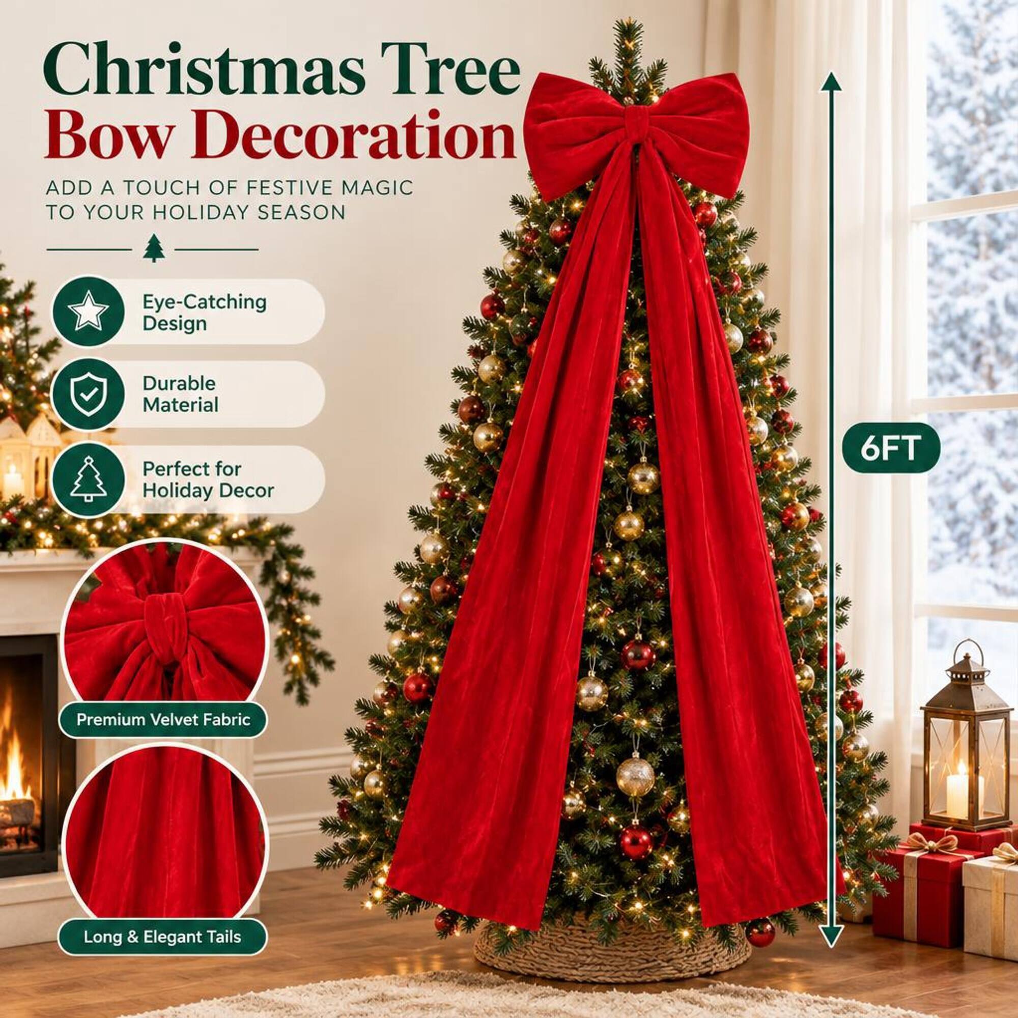 Christmas Tree Bow Decoration  
ADD A TOUCH OF FESTIVE MAGIC TO YOUR HOLIDAY SEASON

- Eye-Catching Design
- Durable Material
- Perfect for Holiday Decor
- 6FT
- Premium Velvet Fabric
- Long & Elegant Tails
