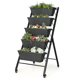 Costway - 5-Tier Vertical Raised Garden Bed Elevated Planter with Wheels & Container Boxes - Gray