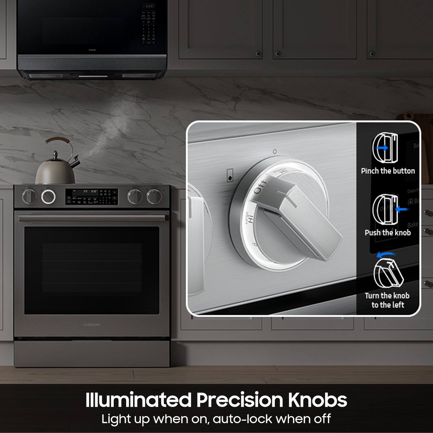 - Pinch the button
- Push the knob
- Turn the knob to the left

Illuminated Precision Knobs
Light up when on, auto-lock when off