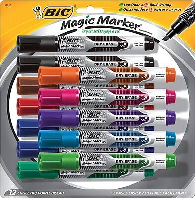 BIC Magic Marker  
Dry Erase - Efface à sec  
Quasi inodore - Légèrement odorant  
Lecture en gras - Ecriture en gras  

12 Chisel Tip / Pointe Biseau  
Efface facilement / S'efface facilement