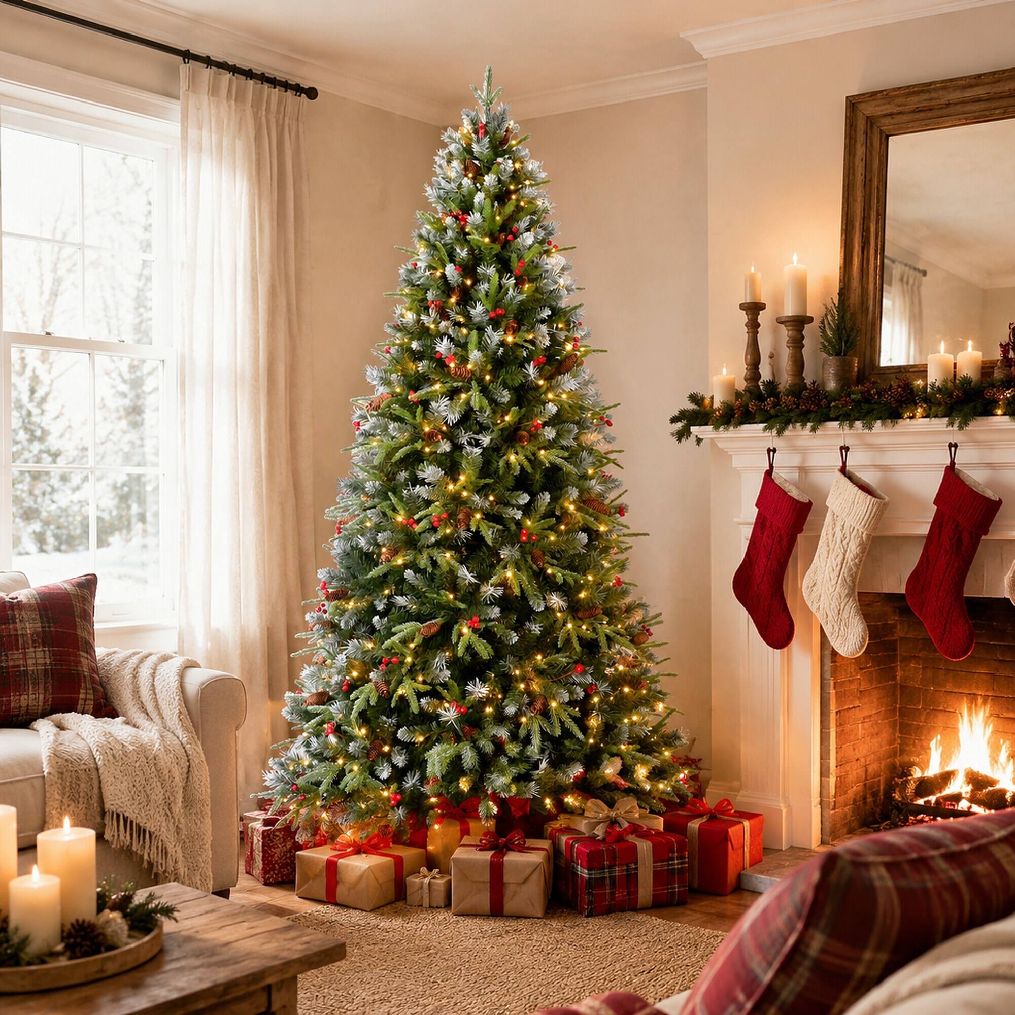 Angle. RYHNUYNE - 7FT Pre-Lit Christmas Tree,450 Warm White LED Lights 2178 Snow-Tipped Branches Red Berries Pine Cones Metal Stand - Green,White.