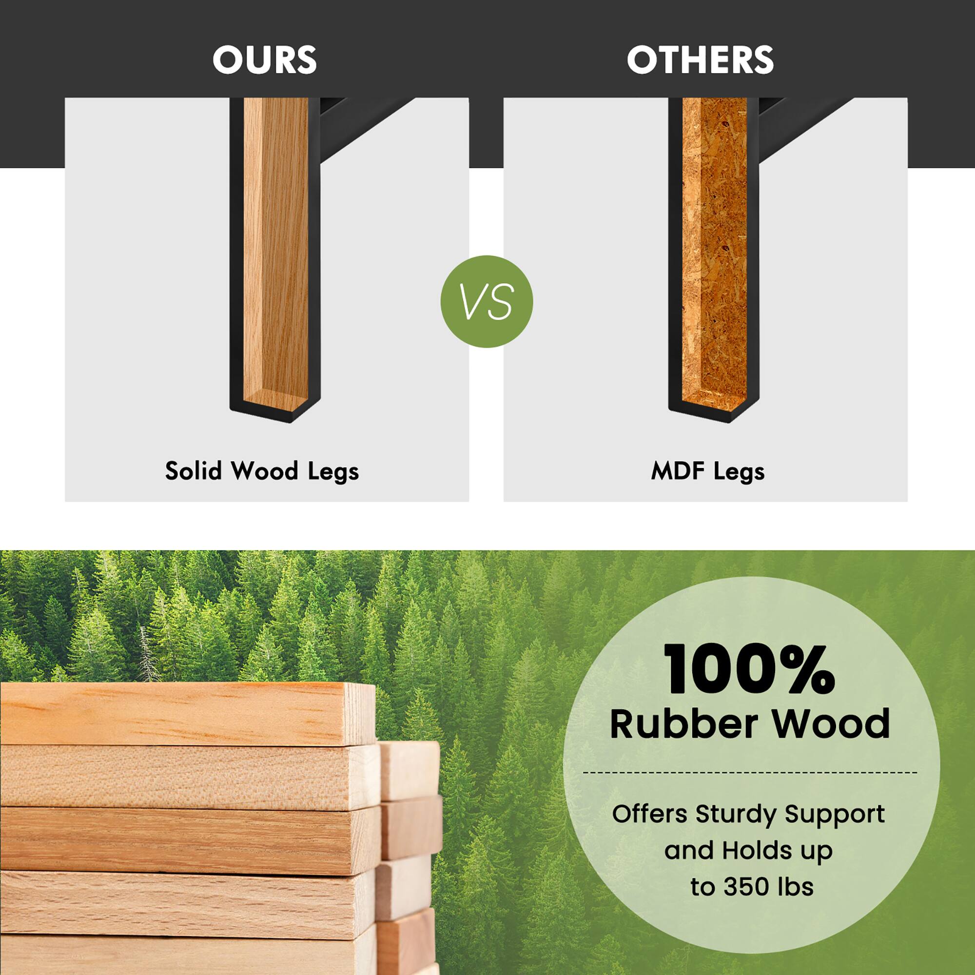 Ours vs. Others: Solid Wood Legs vs. MDF Legs

100% Rubber Wood Offers Sturdy Support and Holds up to 350 lbs.