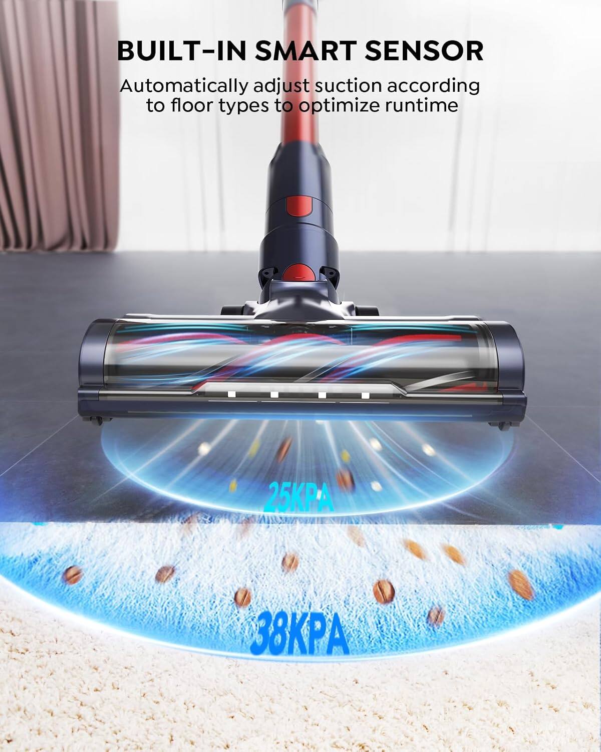 BUILT-IN SMART SENSOR  
Automatically adjust suction according to floor types to optimize runtime  

25KPA  
38KPA