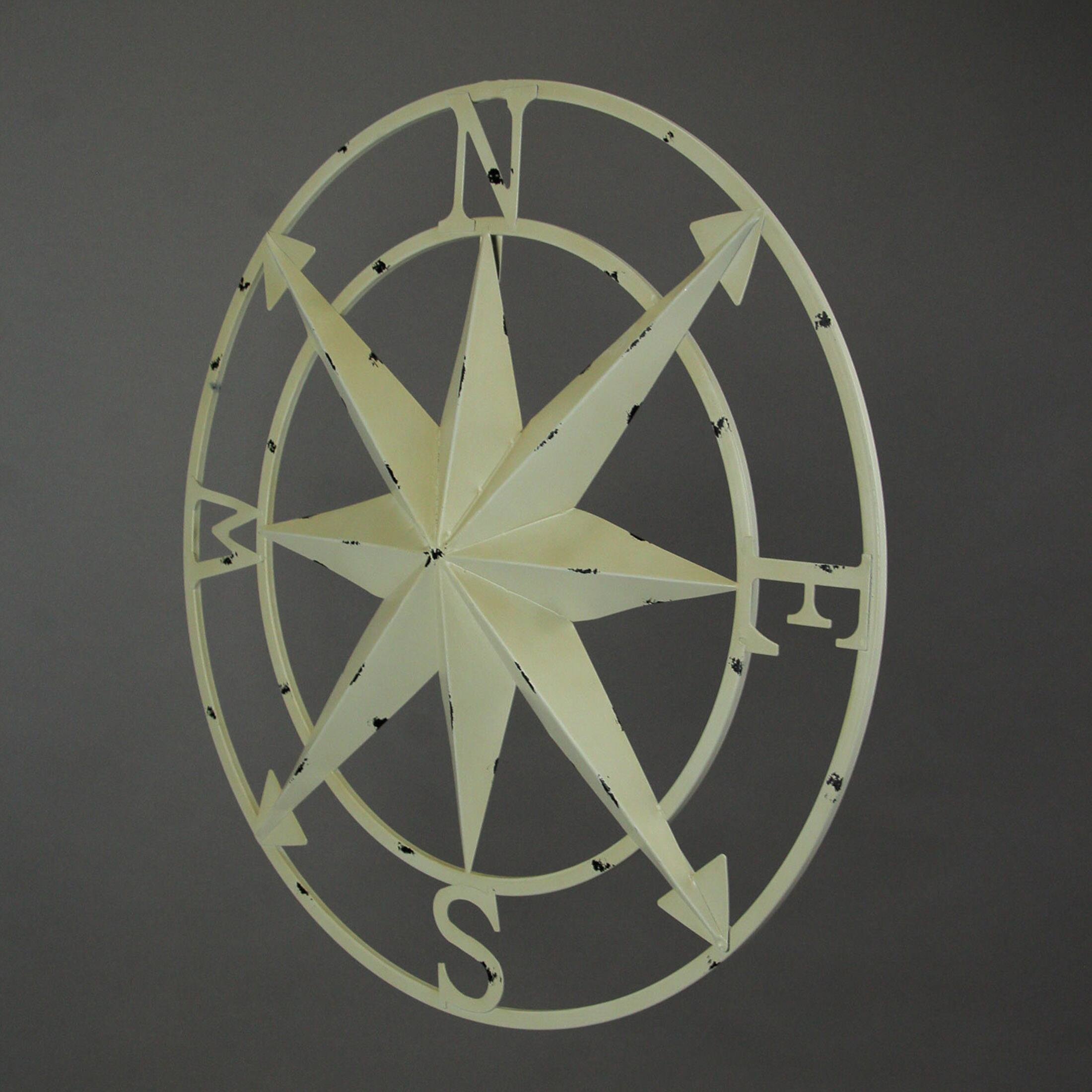 Alt View 1. Zeckos - Antiqued White Indoor Outdoor Metal Compass Rose Wall Sculpture 20.5 Inch - White.