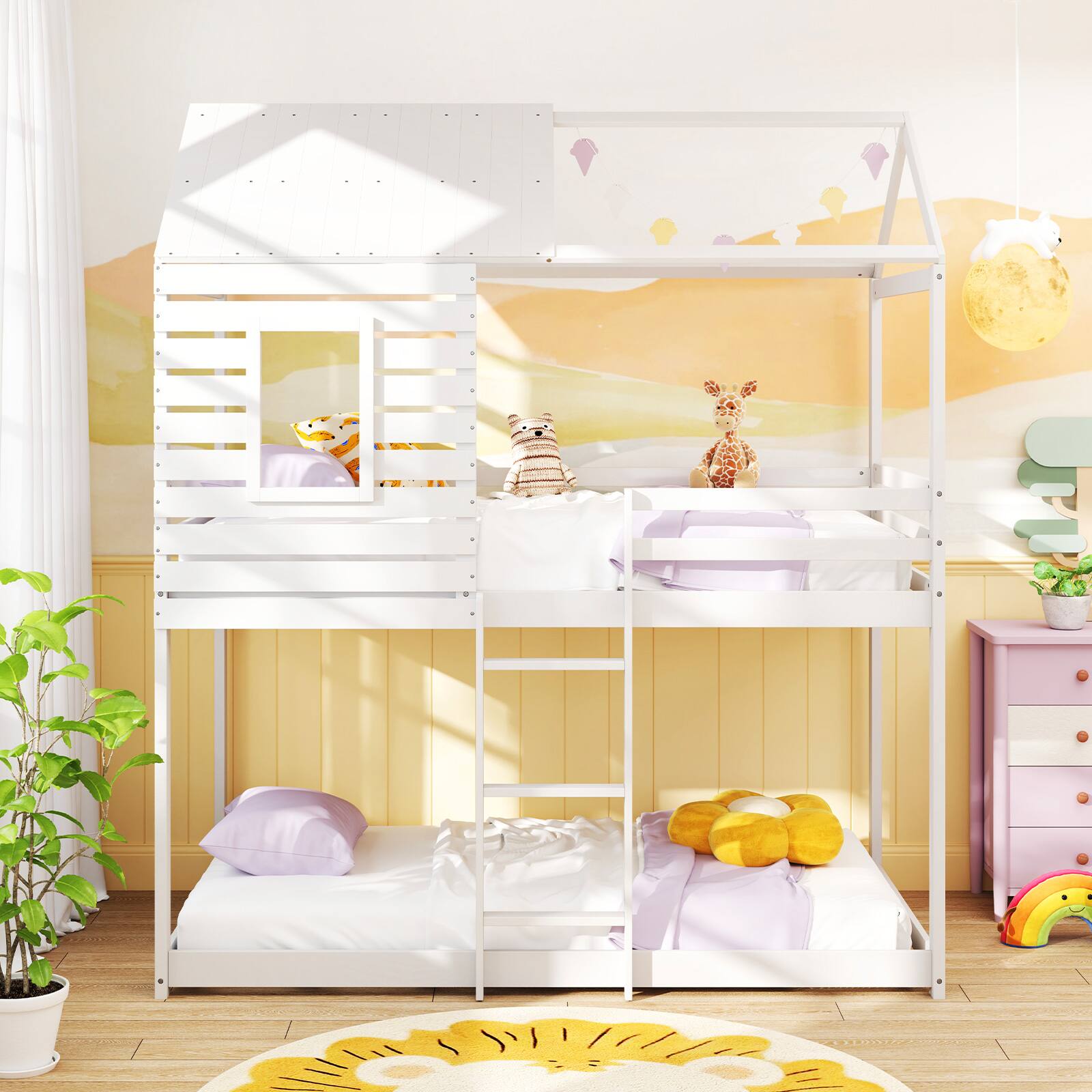 Alt View 3. Gymax - Gymax Twin over Twin House Bunk Bed Low-to-ground Bed Frame w/ Roof Solid Wood Bed - White.