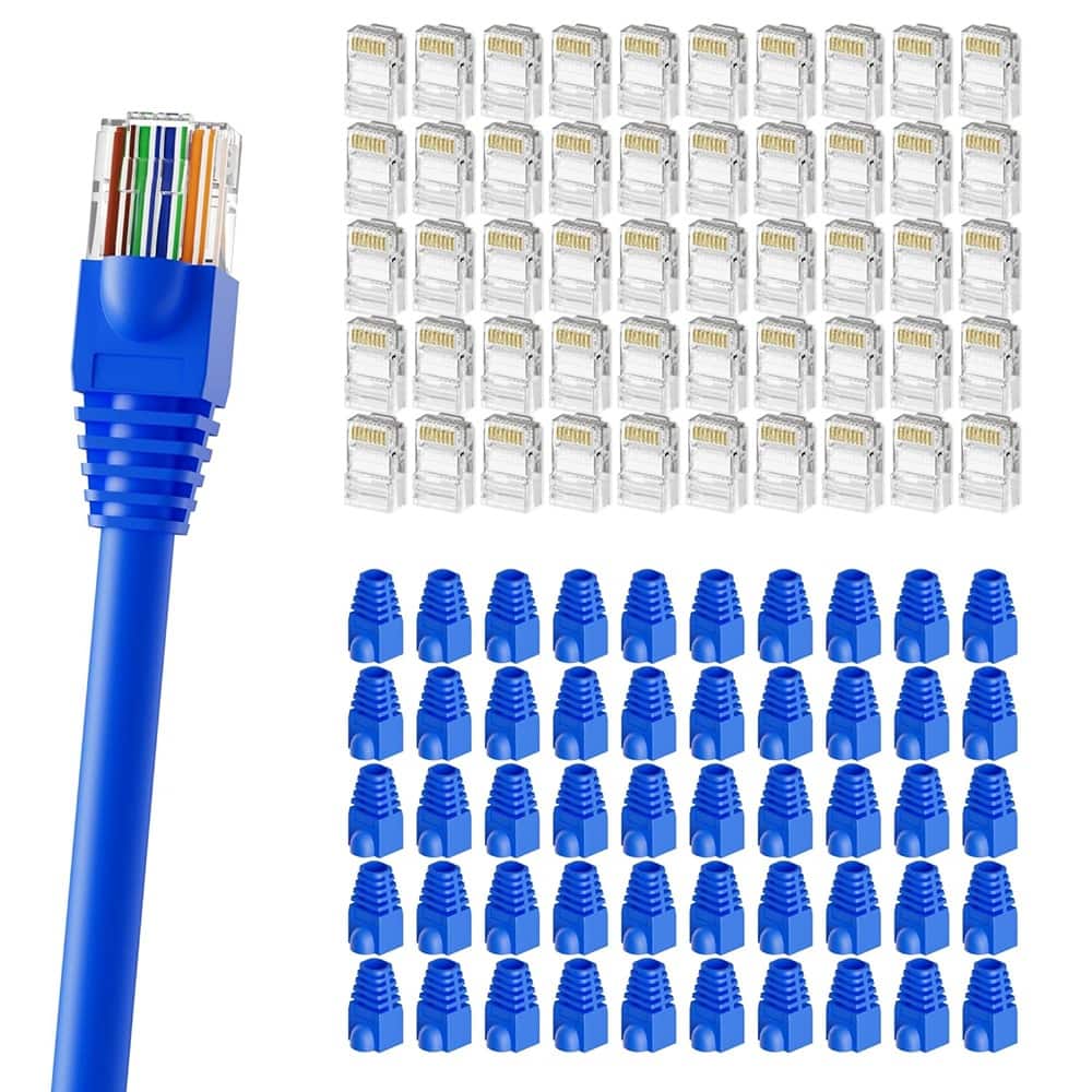 ACJPR - Cat6 RJ45 Connectors 100-Pack with 100 Blue Strain Relief Boots, Gold-Plated