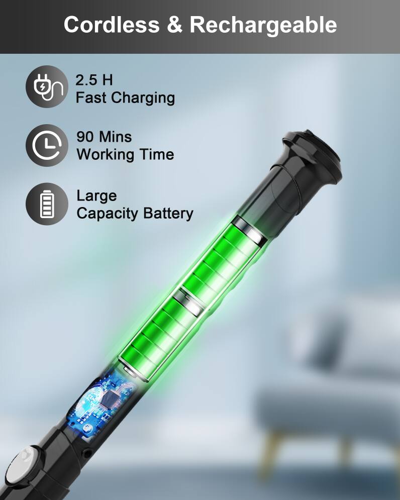 Cordless & Rechargeable

- 2.5 H Fast Charging
- 90 Mins Working Time
- Large Capacity Battery