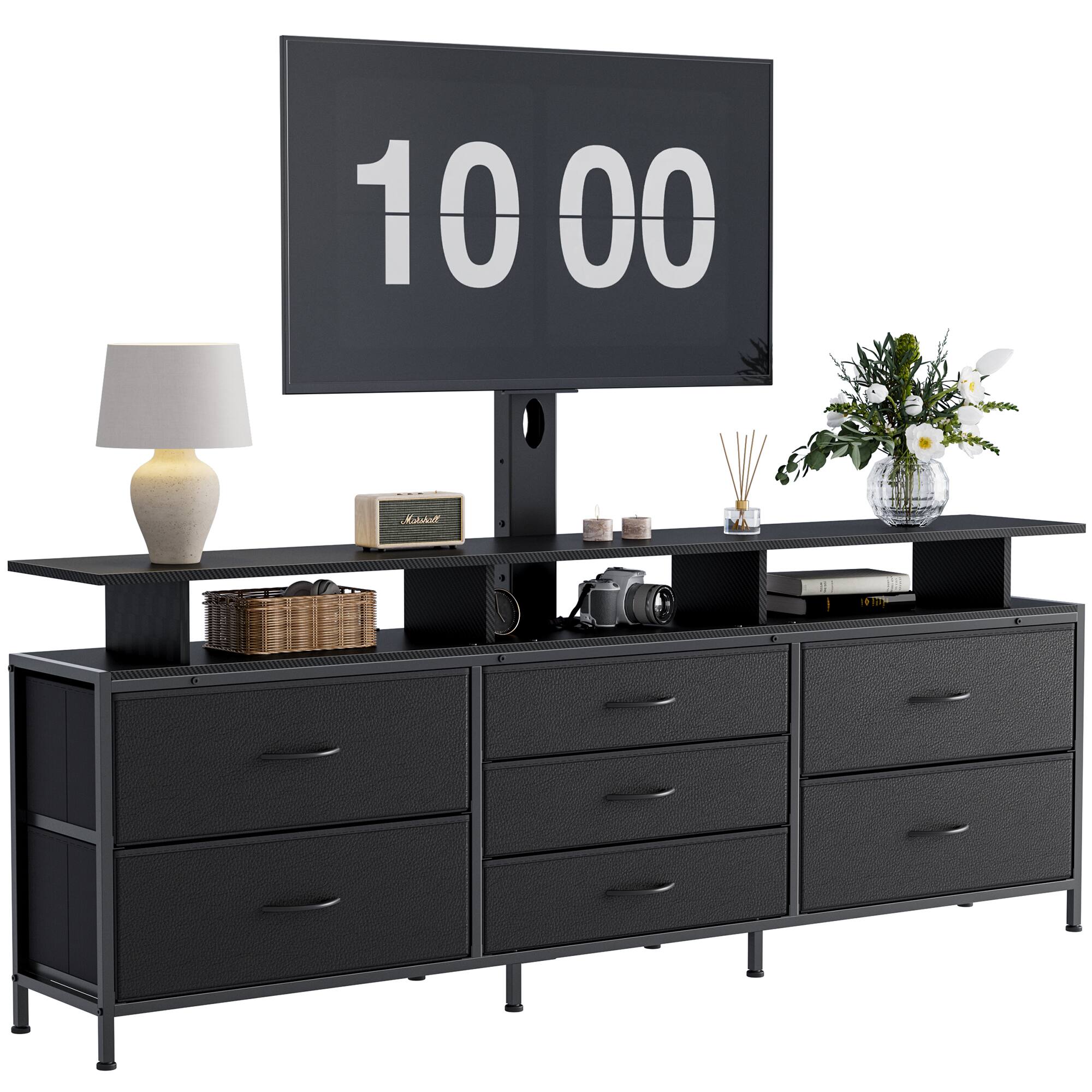 Angle. HAUSOURCE - 63" Entertainment Center Media Console Table with 7 Drawers Height Adjustable Mount Dresser TV Stand, Black - Black.
