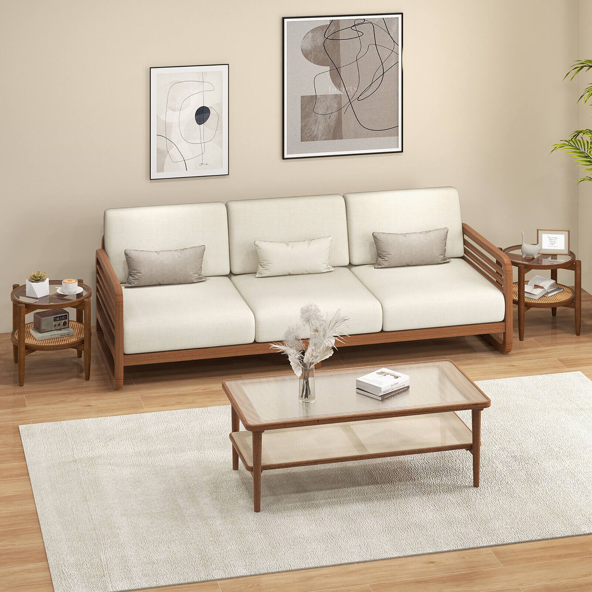 Alt View 1. Gymax - Gymax 2 PCS 2-Tier Round Side End Table PE Rattan Nightstand Tempered Glass Tabletop - Brown.