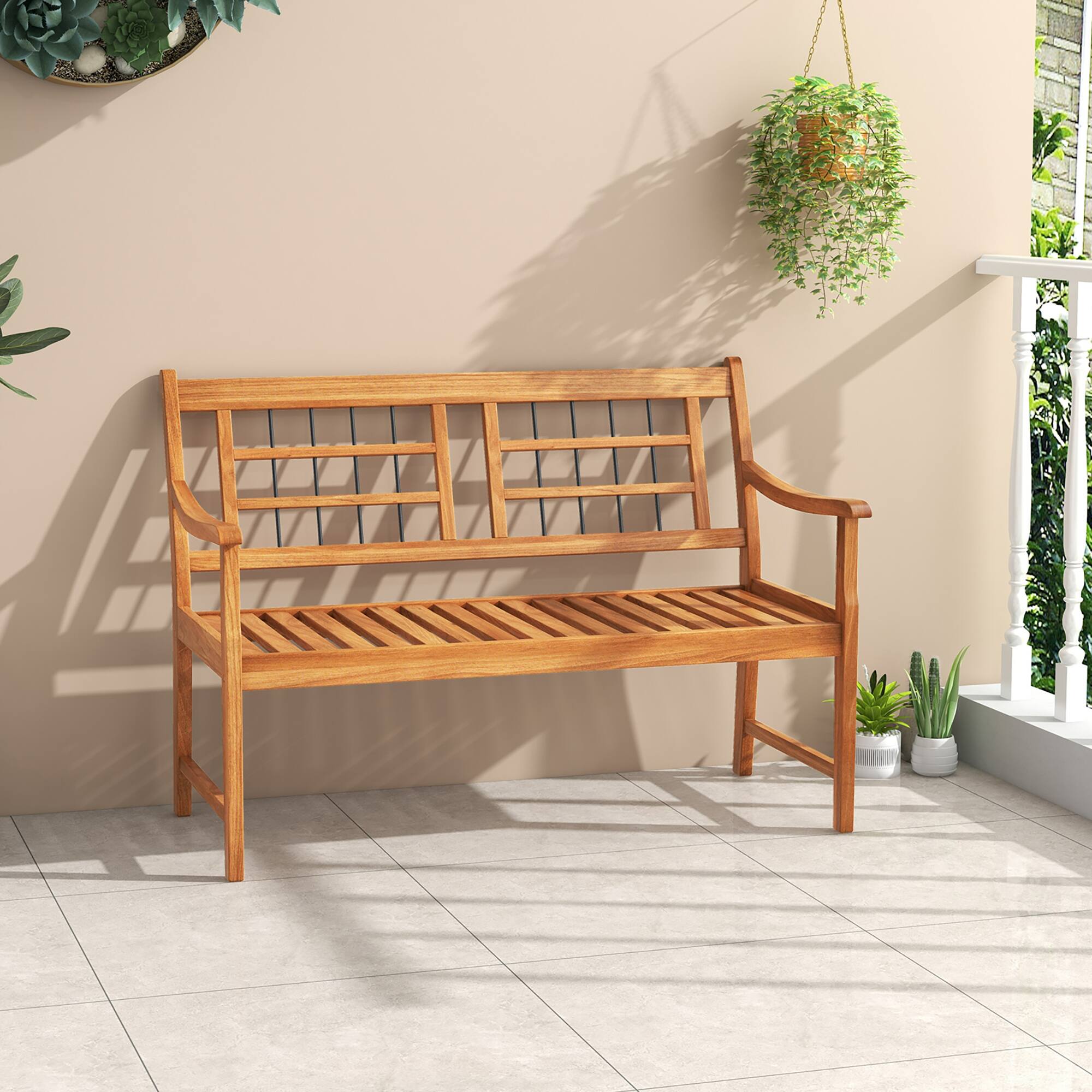 Alt View 1. Gymax - Gymax Outdoor Acacia Wood Bench 2-Person Patio Bench w/ Slatted Seat & Backrest - Natural.