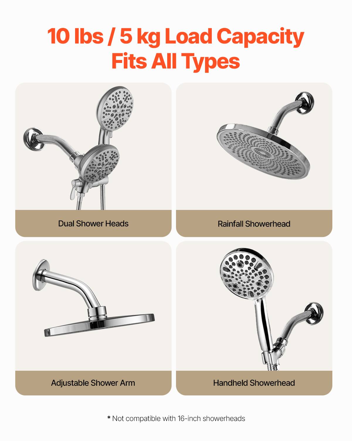 10 lbs / 5 kg Load Capacity  
Fits All Types  

Dual Shower Heads  
Rainfall Showerhead  
Adjustable Shower Arm  
Handheld Showerhead  

*Not compatible with 16-inch showerheads