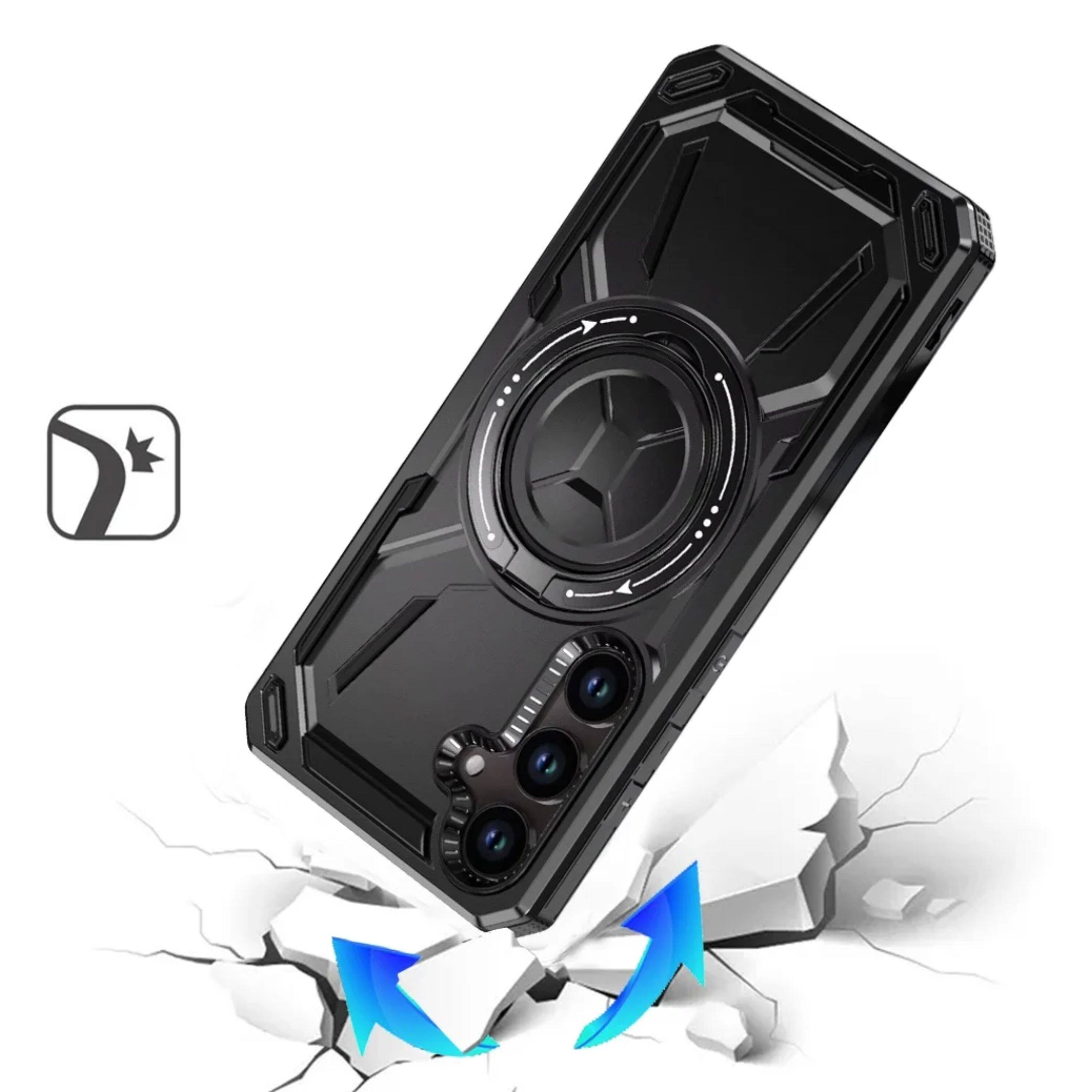 Left. Kitcheniva - Shockproof Magnetic Circle Metal Stand Rotating Phone Case With Tempered Glass For Samsung Galaxy A57 5G Black - Black.