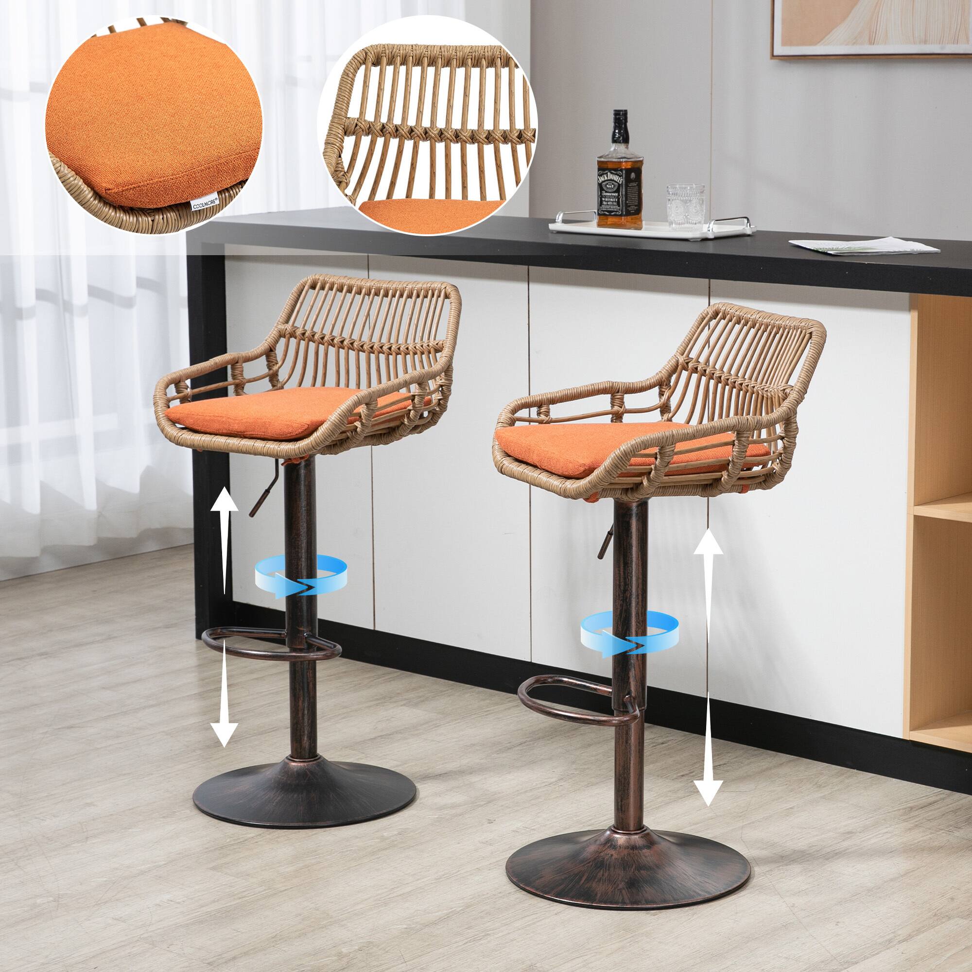 Alt View 4. Trinkets Crazed - Rattan Bar Stools Set of 2, Adjustable Barstools with Linen Cushion, 360° Swivel Bar Stool for Kitchen and Bar - Orange.