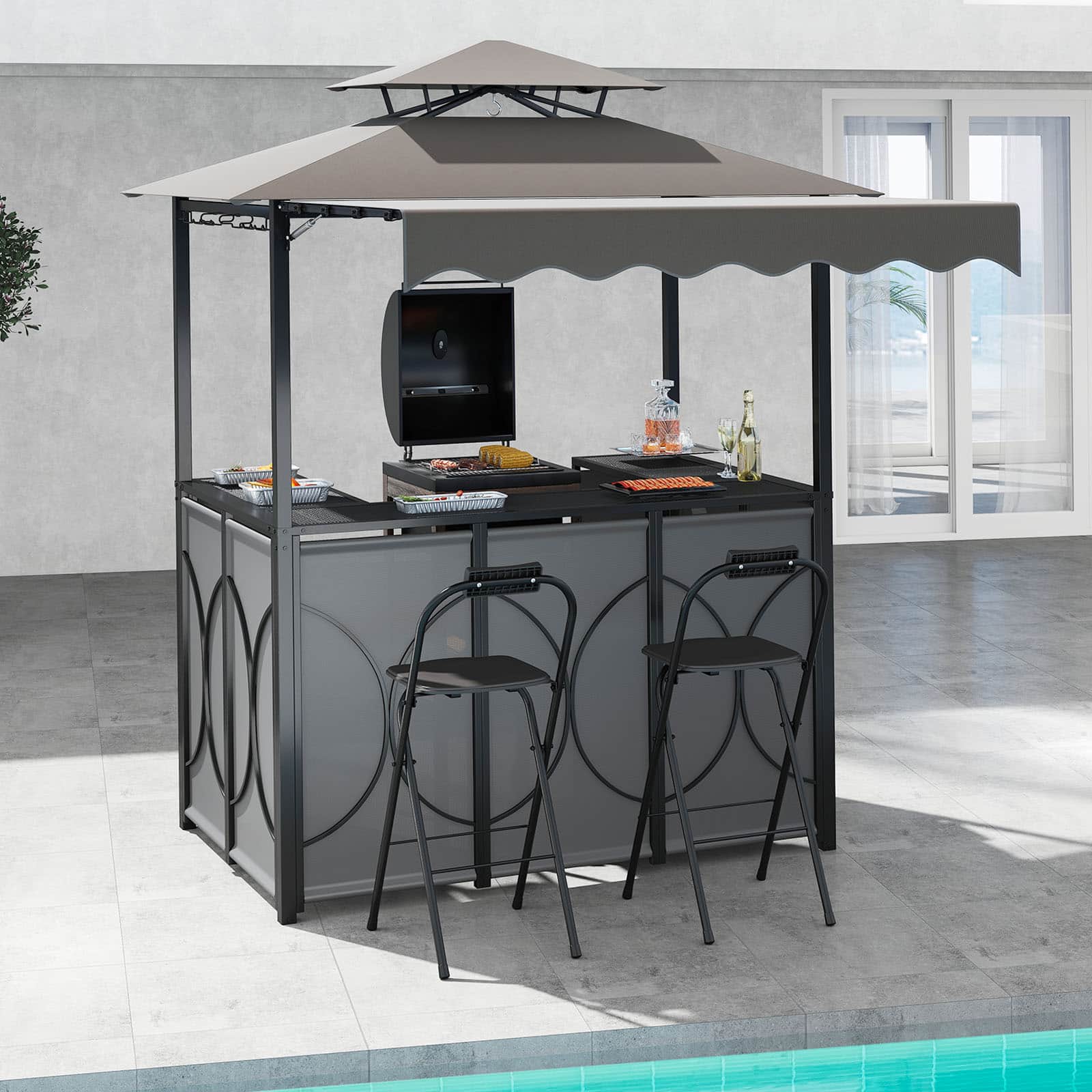 Gymax - 3-Piece Outdoor BBQ Canopy w/ Bar Table & 2 Foldable Bar Chairs Set for Patio - Gray