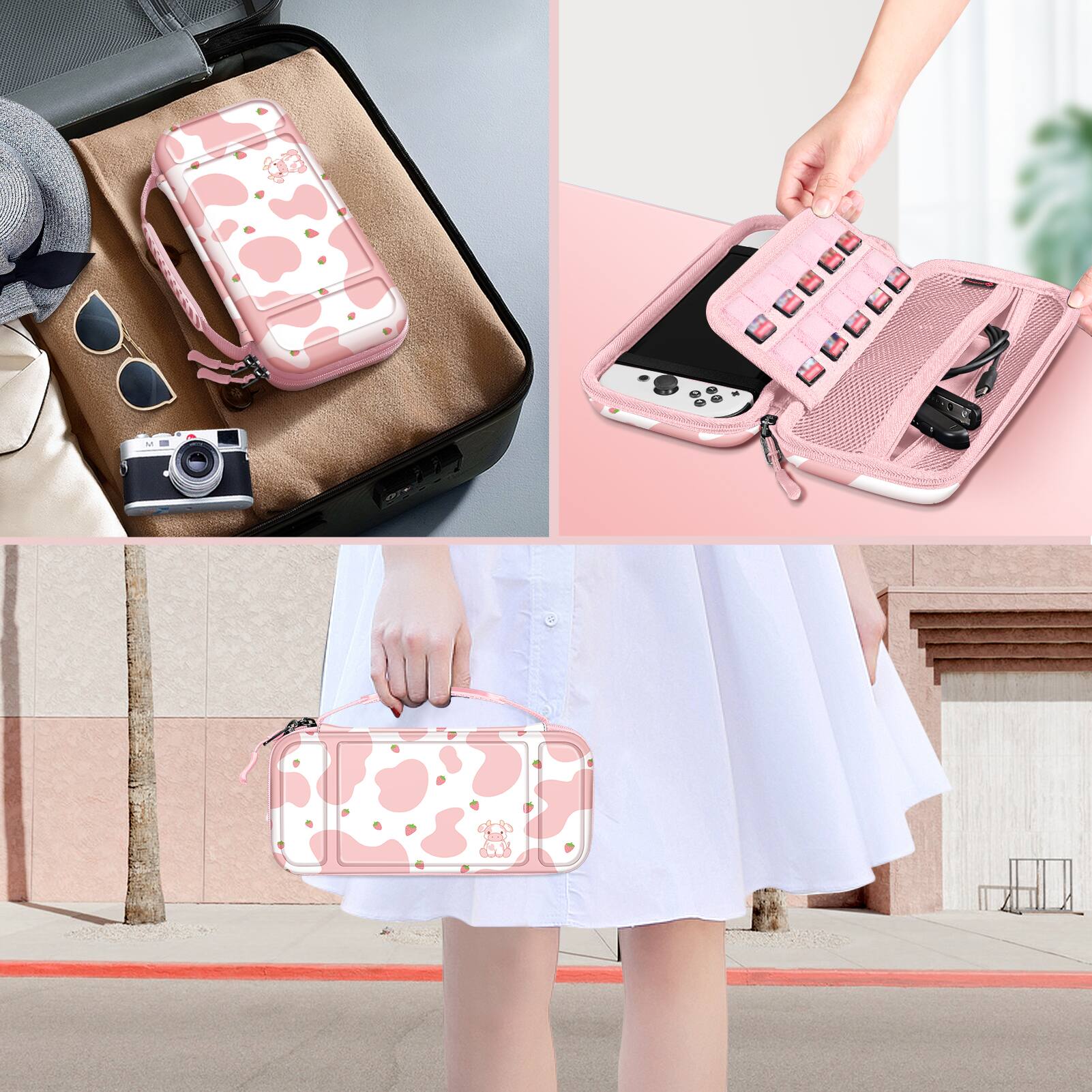 Alt View 5. Fintie - Carrying Case for Nintendo Switch (2017) / Nintendo Switch OLED Model (2021) Shockproof Portable Travel Storage Bag - Strawberry Cow.