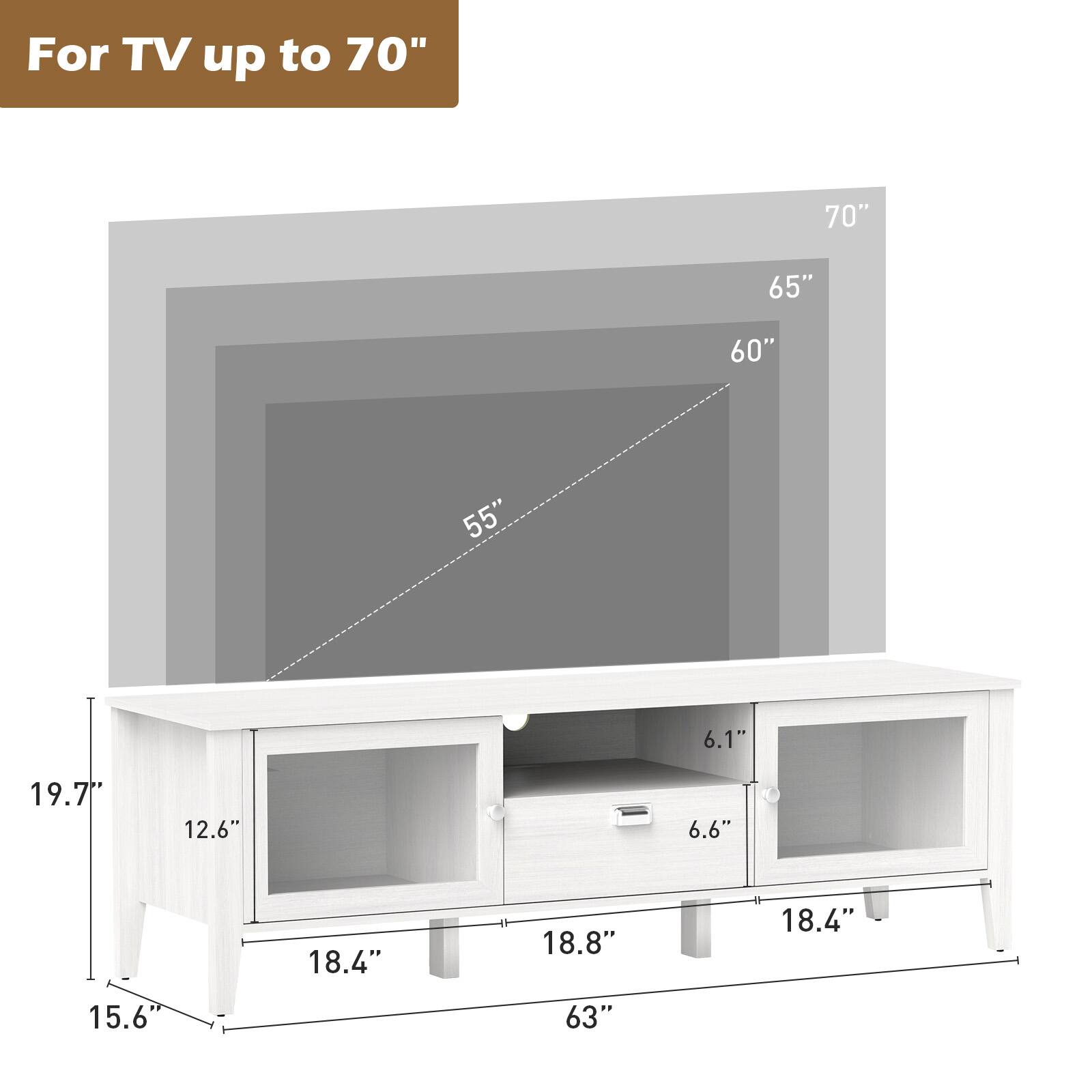 For TV up to 70"  
70"  
65"  
60"  
55"  
6.1"  
19.7"  
12.6"  
6.6"  
18.4"  
18.8"  
18.4"  
15.6"  
63"