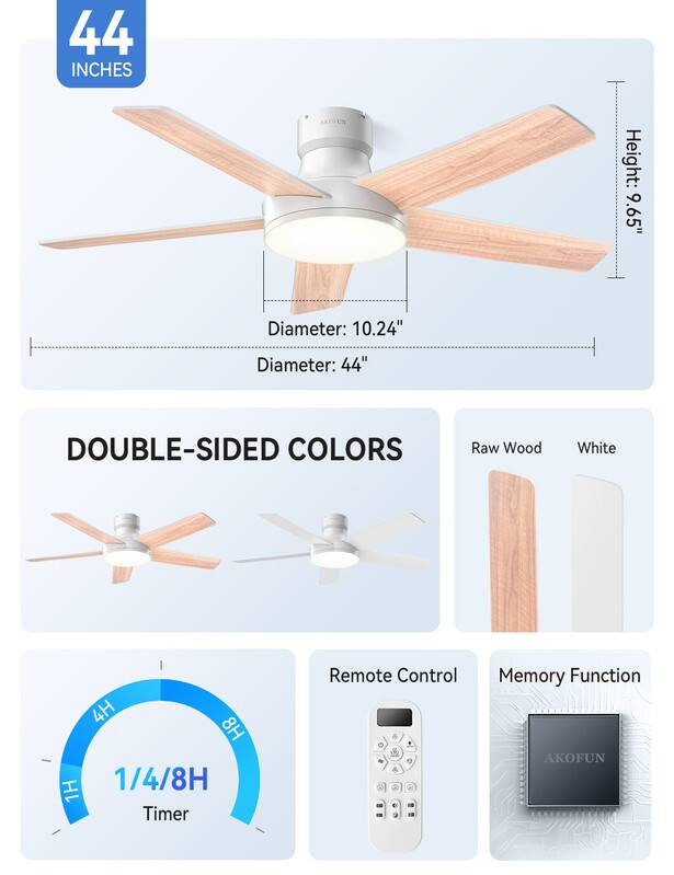 44 INCHES  
Height: 9.65"  
Diameter: 10.24"  
Diameter: 44"  
DOUBLE-SIDED COLORS  
Raw Wood White  
4H 8H 1/4/8H 1H Timer  
Remote Control  
Memory Function  
AKOFUN