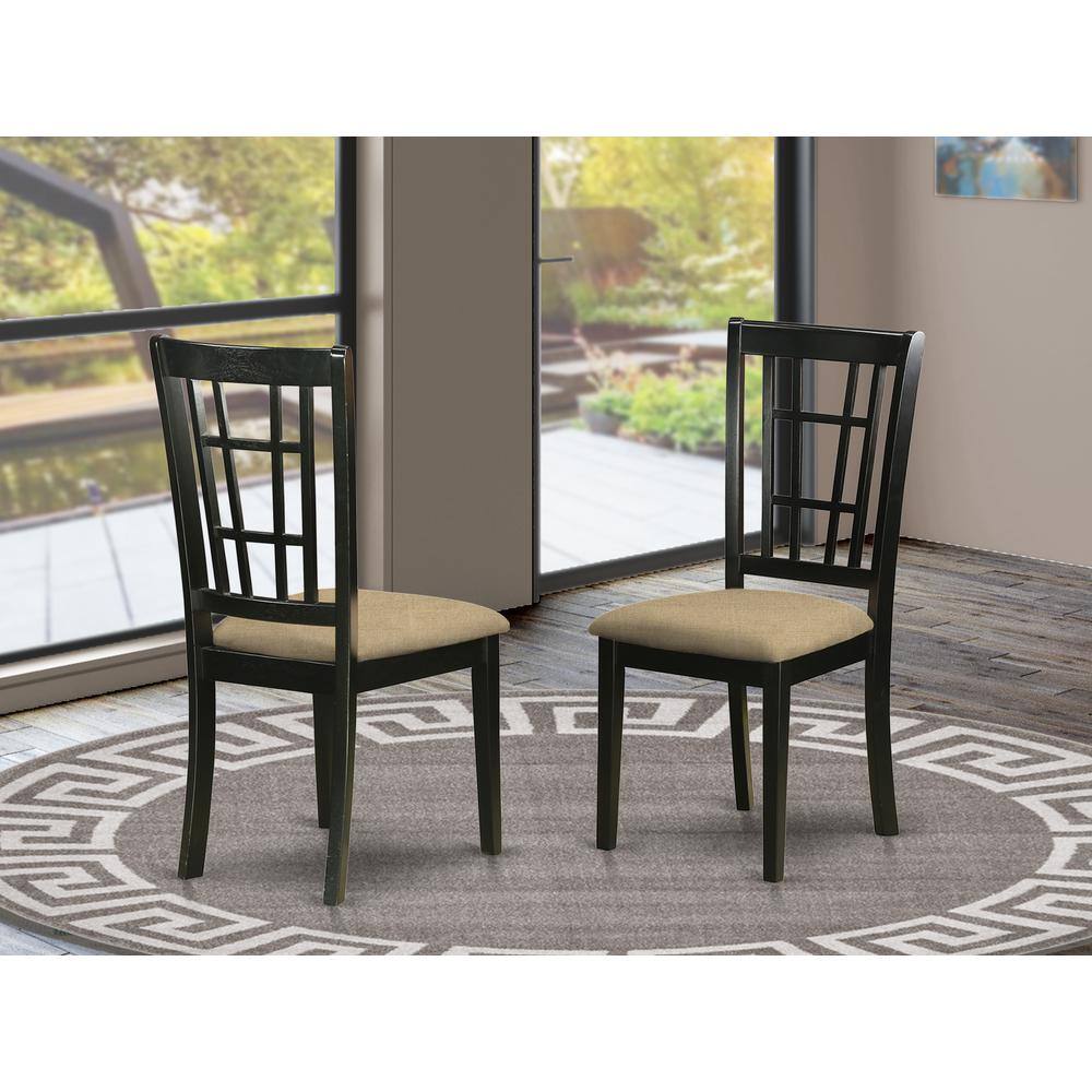 Angle. East West Furniture - NIC-BLK-C Nicoli Kitchen Chair with Linen Fabric Seat - Black & Cherry.