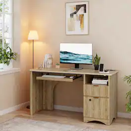 Bestier - 65 Inch Executive Desk with Fingerprint Lock & Built-in Power Outlet, Computer Desk with Drawers for Home Office Desk - Natual Oak
