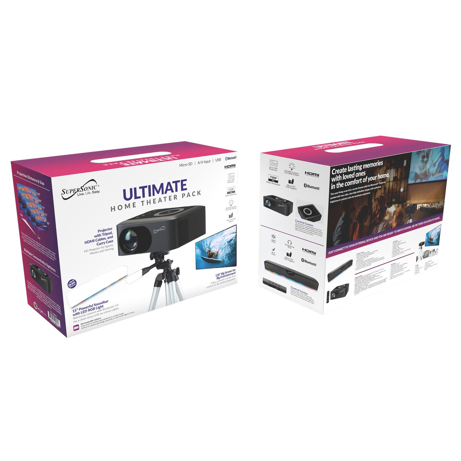 Sure, here is the corrected and grouped text from the image:

---

**SUPERSONIC**  
ULTIMATE  
HOME THEATER PACK  

- **HDMI**  
- **AV Input**  
- **USB**  
- **Micro SD**  

**15" Powerful Projector**  
with LED RGB Light  

**HDMI Cable**  
**Tripod**  
**HDMI Projector for Movies and Gaming**  
**Motion and Sound**  

**Create lasting memories with loved ones in the comfort of your home.**  

**HDMI**  
**AV Input**  
**USB**  
**Micro SD**  

**HDMI Cable**  
**Tripod**  
**HDMI Projector for Movies and Gaming**  
**Motion and Sound**  

**HDMI**  
**AV Input**  
**USB**  
**Micro SD**  

**HDMI Cable**  
**Tripod**  
**HDMI Projector for Movies and Gaming**  
**Motion and Sound**  

**HDMI**  
**AV Input**  
**USB**  
**Micro SD**  

**HDMI Cable**  
**Tripod**  
**HDMI Projector for Movies and Gaming**  
**Motion and Sound**  

**HDMI**  
