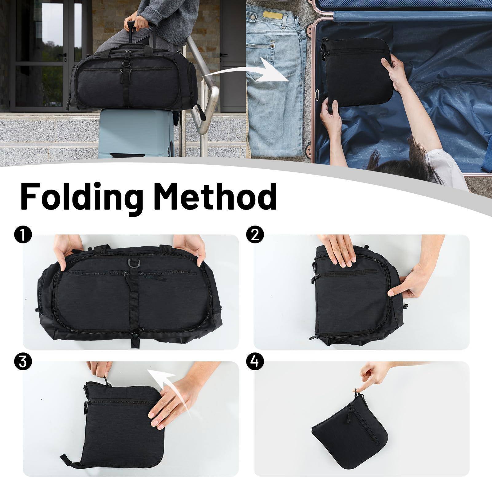 Folding Method

1. Place the bag inside the suitcase.
2. Fold the bag in half.
3. Fold the bag in half again.
4. Secure the bag with a strap.