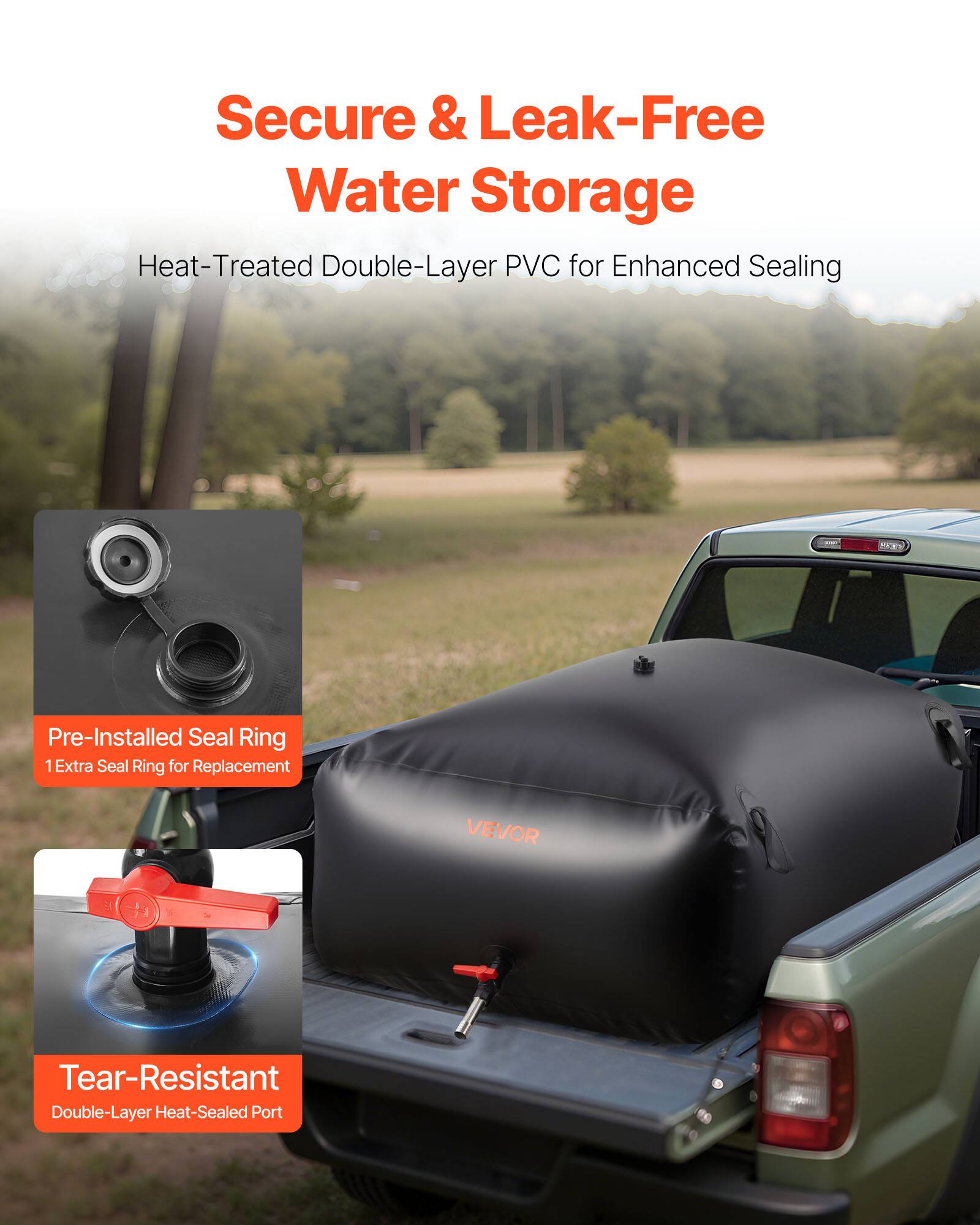 Secure & Leak-Free Water Storage  
Heat-Treated Double-Layer PVC for Enhanced Sealing  

Pre-Installed Seal Ring  
1 Extra Seal Ring for Replacement  

Tear-Resistant  
Double-Layer Heat-Sealed Port