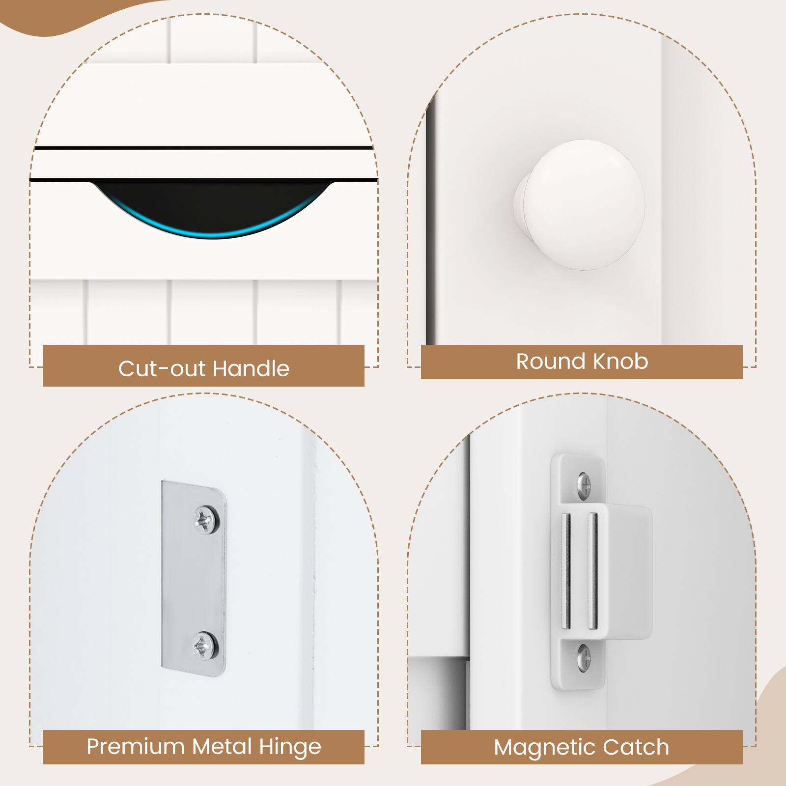 Cut-out Handle, Round Knob, Premium Metal Hinge, Magnetic Catch