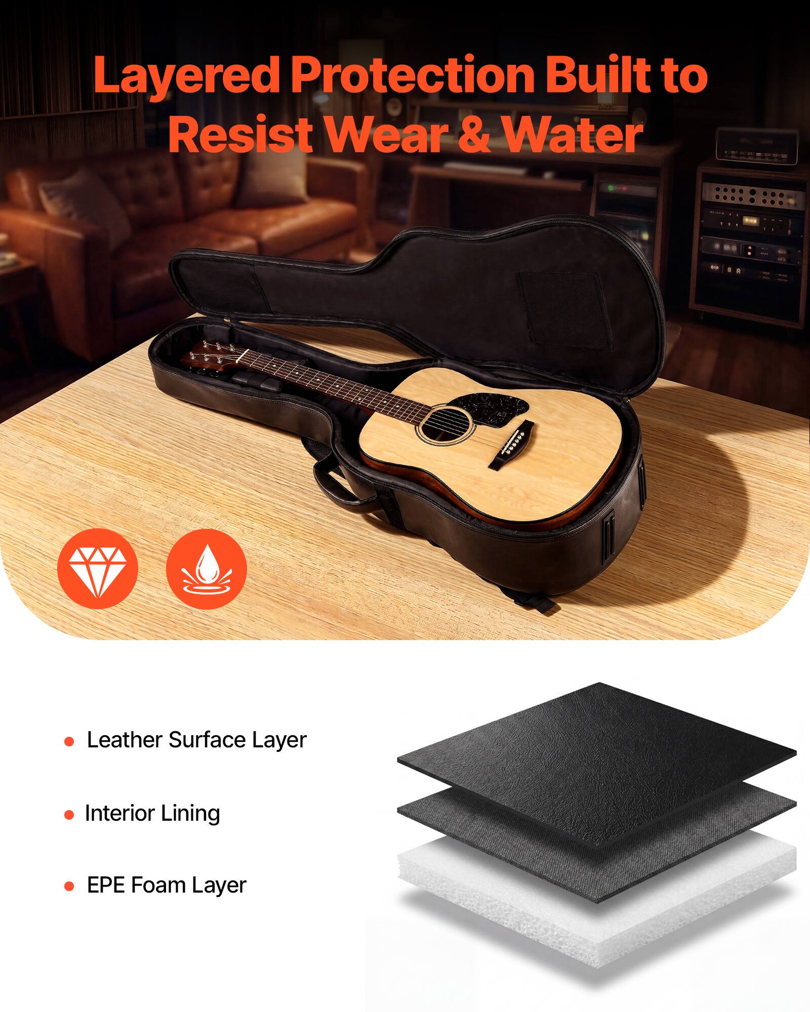 Layered Protection Built to Resist Wear & Water

- Leather Surface Layer
- Interior Lining
- EPE Foam Layer