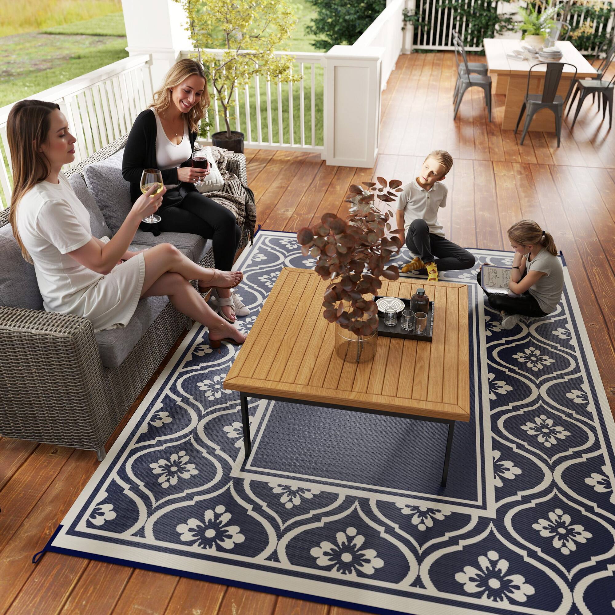 Alt View 8. Outsunny - Outdoor Rug for Patio, 8' x 10' Waterproof Large Mat, Reversible Plastic Straw Rug for Décor - Blue and White Gourd Border.