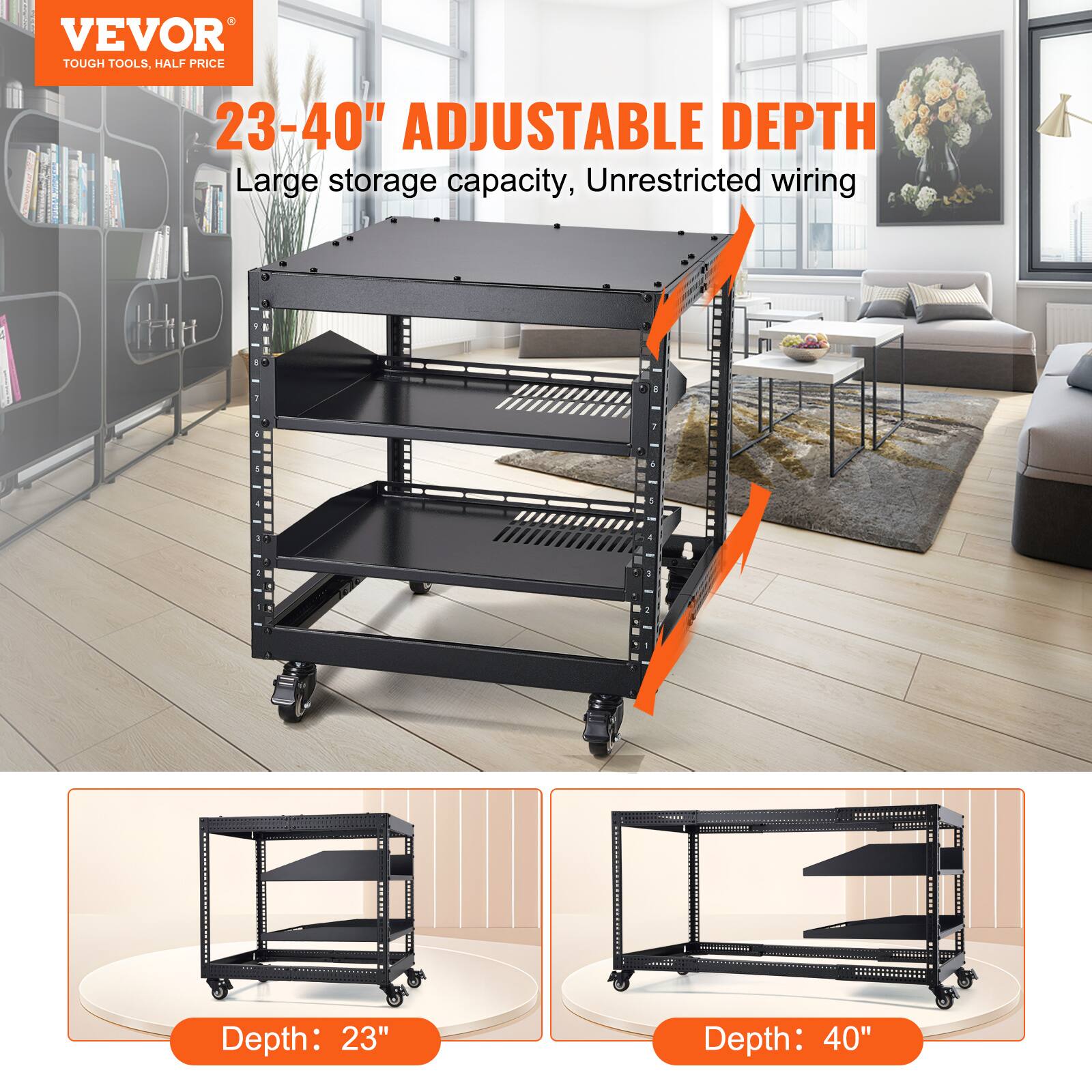VEVOR  
TOUGH TOOLS, HALF PRICE  

23-40" ADJUSTABLE DEPTH  
Large storage capacity, Unrestricted wiring  

STABLE DEPTH  

Depth: 23"  
Depth: 40"