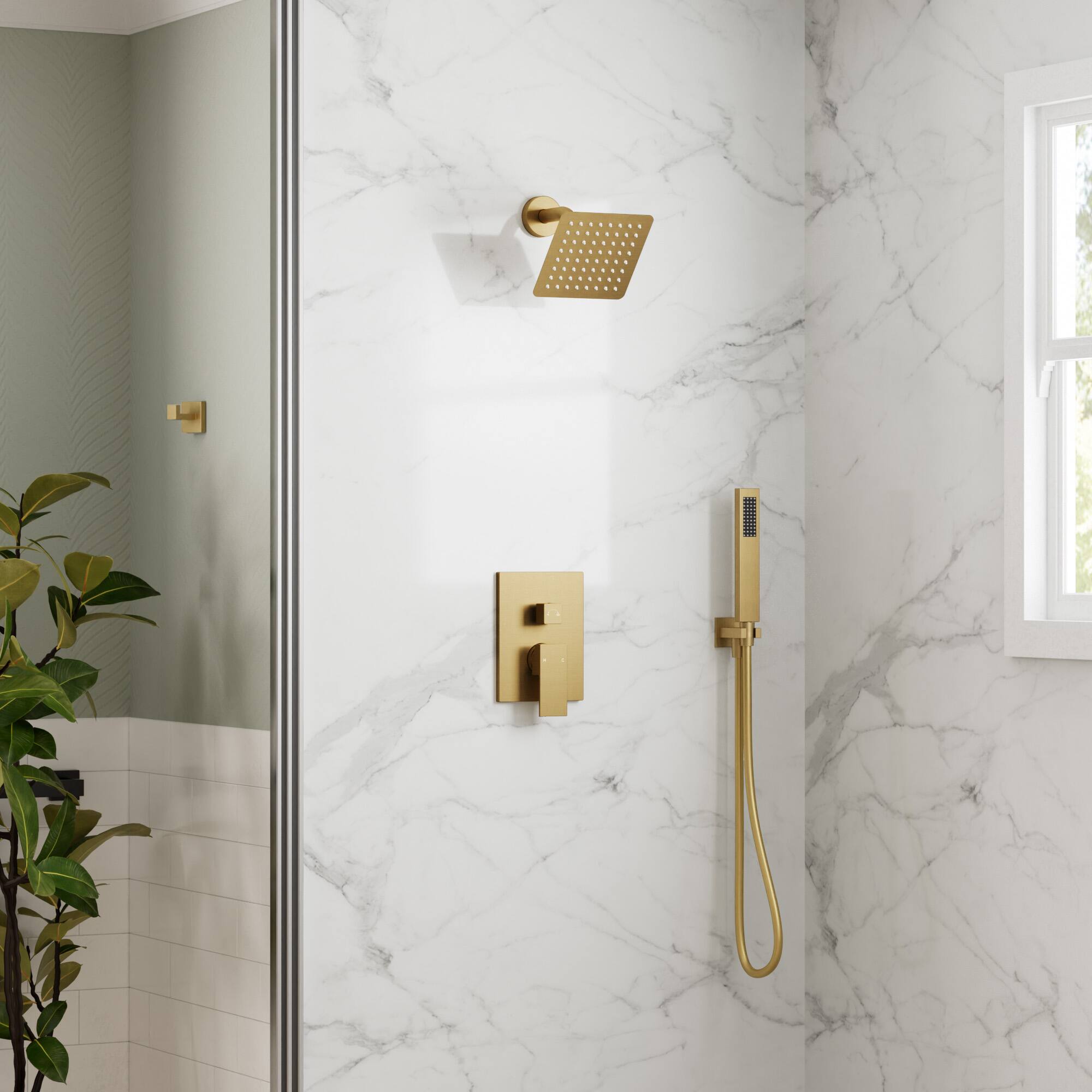 Angle. GRANDJOY - 10" Rain Shower System with Handheld Shower Head and Single Handle Mixer Valve - Brushed Gold.