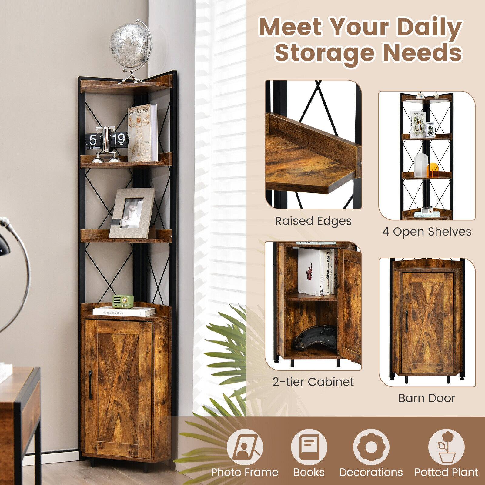 Meet Your Daily Storage Needs:

* Raised Edges
* 4 Open Shelves
* 1 - Clave
* 2-tier Cabinet
* Barn Door
* Photo Frame
* Books
* Decorations
* Potted Plant