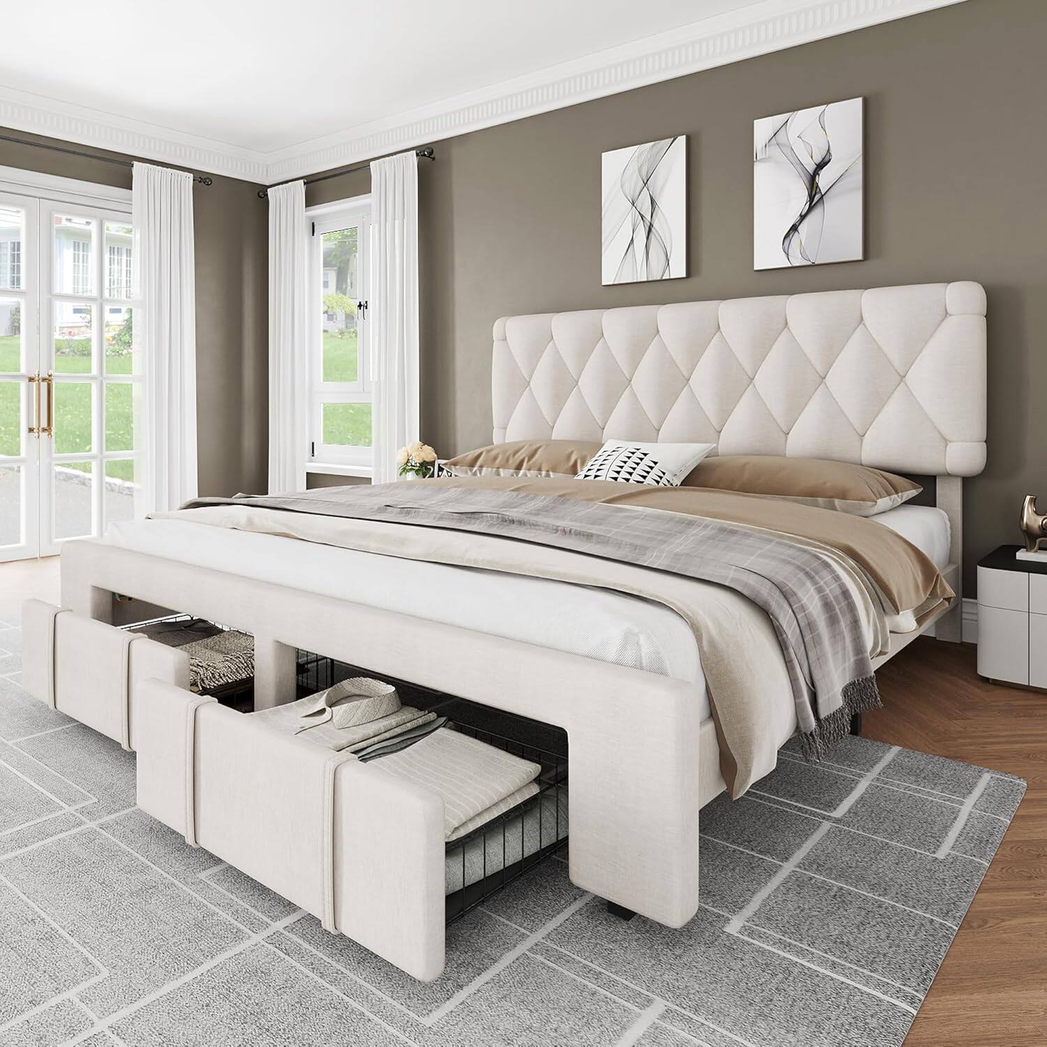 Front. GARVEE - Upholstered Platform Bed Frame with Storage Drawers, Solid Wood Slats, No Box Spring Needed - Beige.