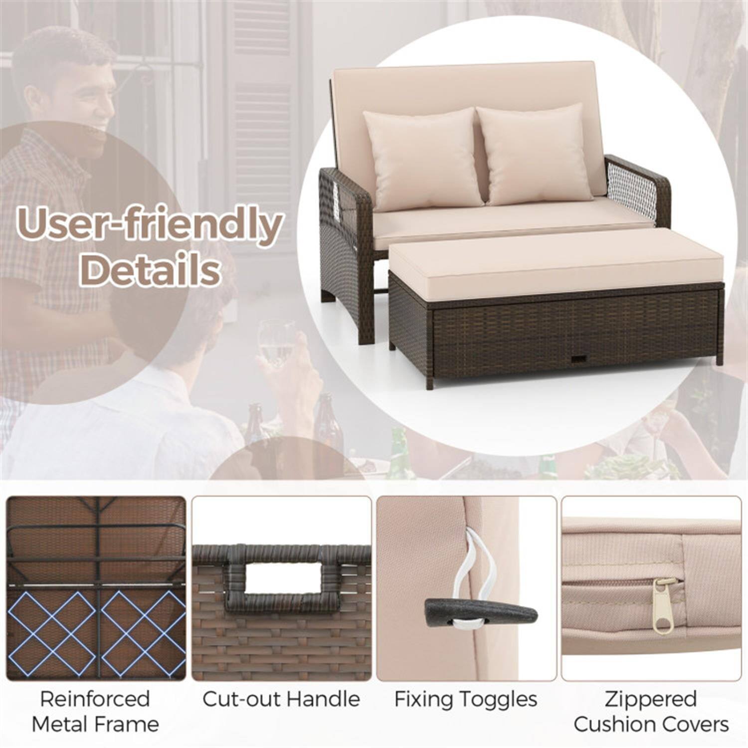 User-friendly Details

- Reinforced Metal Frame
- Cut-out Handle
- Fixing Toggles
- Zippered Cushion Covers