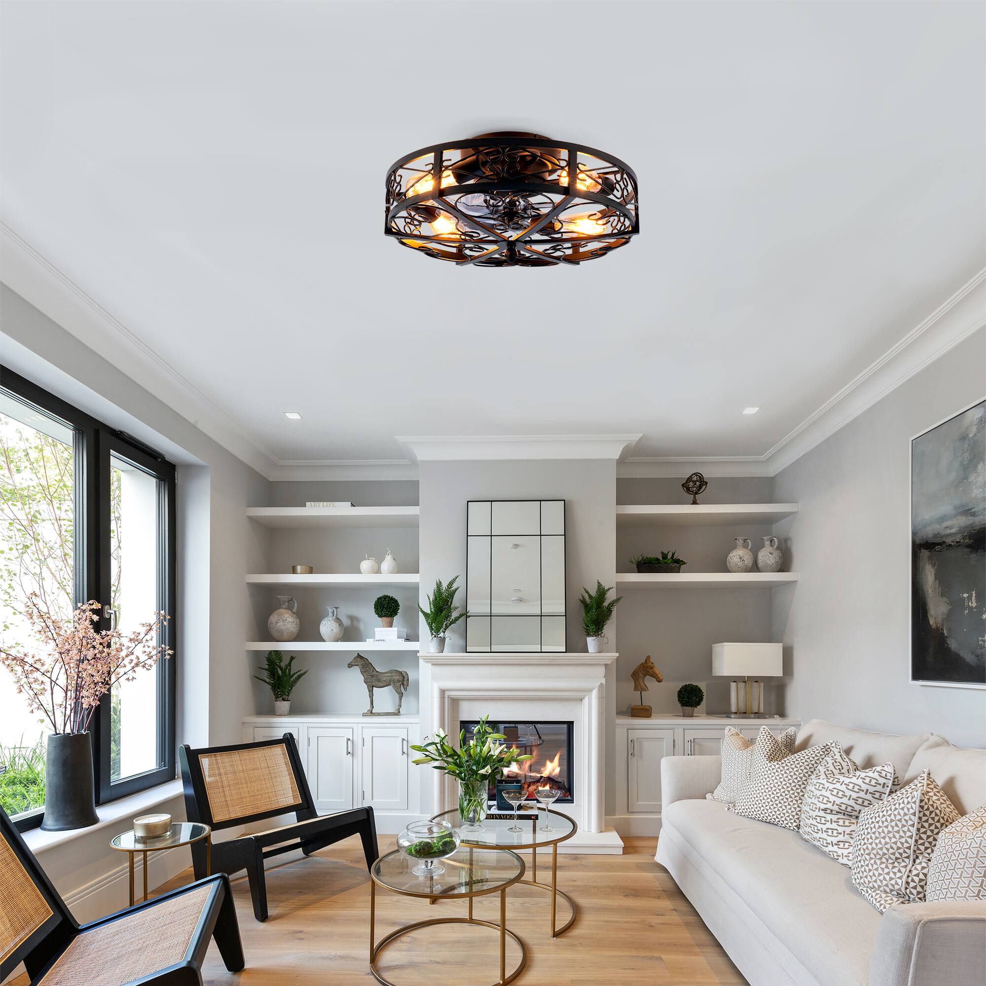 Left. GOODSILO - 20'' Ceiling Fan with Remote, 6-Speed, Reversible Motor, Timer (Bulbs Not Included) - Matte Black.