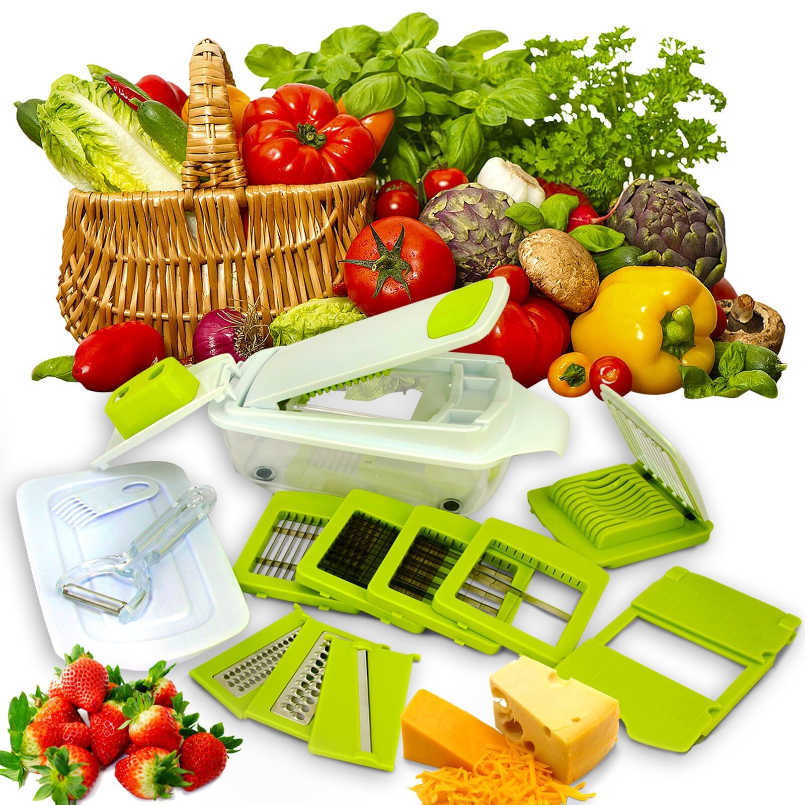 Alt View 2. MegaChef - MegaChef 8 in 1 Multi Use Slicer Dicer and Chopper with Interchangeable Blades, Vegetable Fruit Peeler and Soft Slicer - Green.